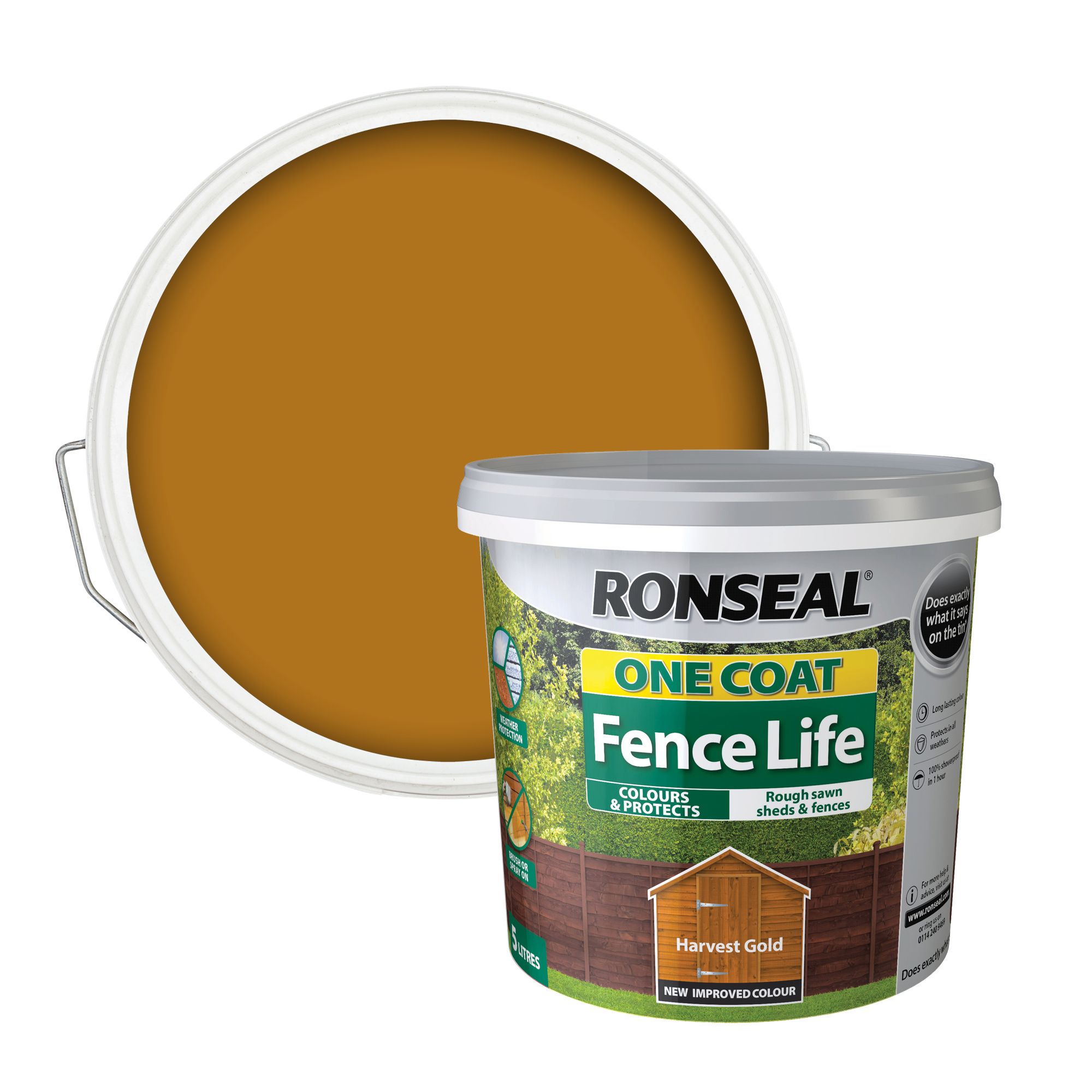 Ronseal One Coat Fence Life Harvest gold Matt Exterior Fence & shed Wood paint, 5L Tub