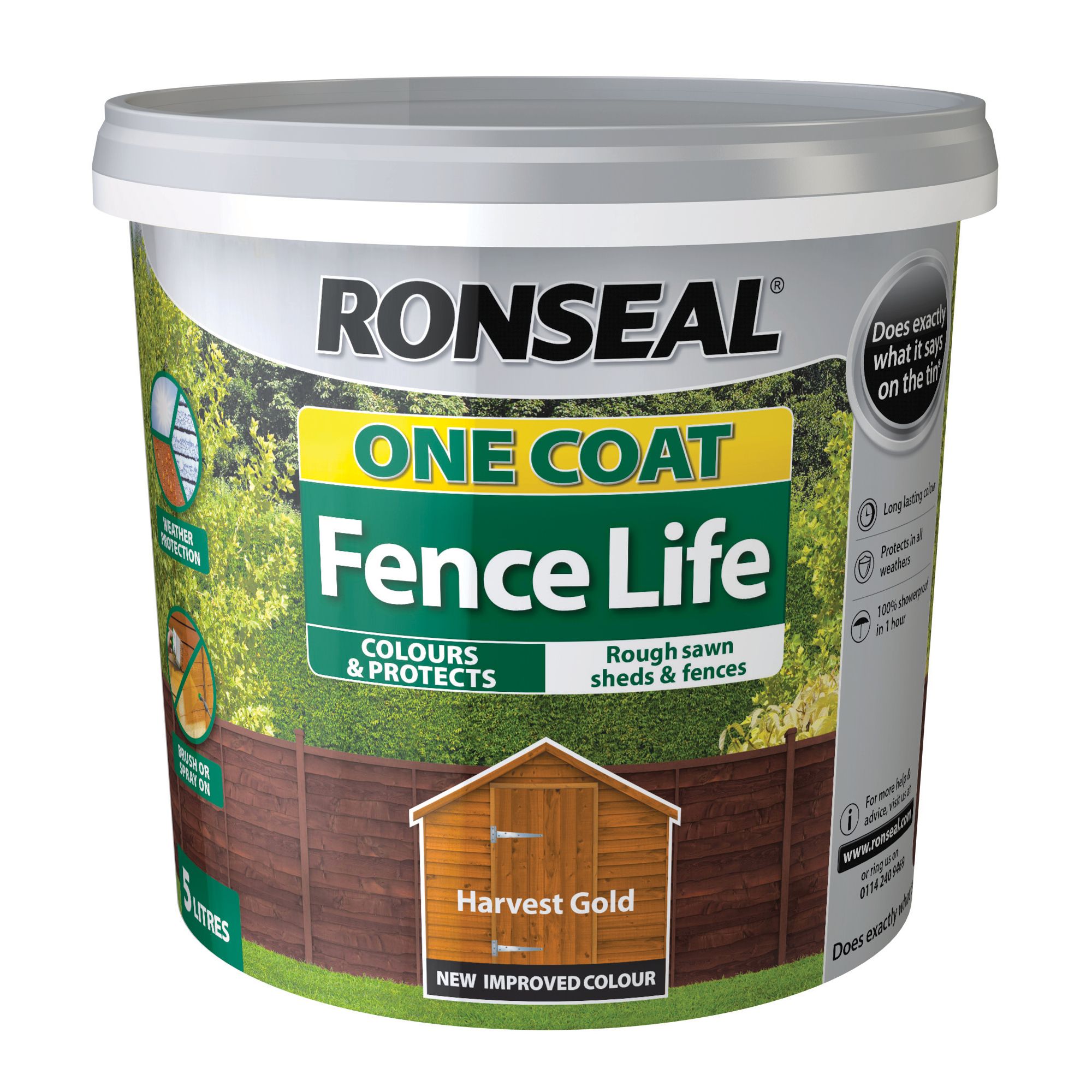 Ronseal One Coat Fence Life Harvest gold Matt Exterior Fence & shed Wood paint, 5L Tub