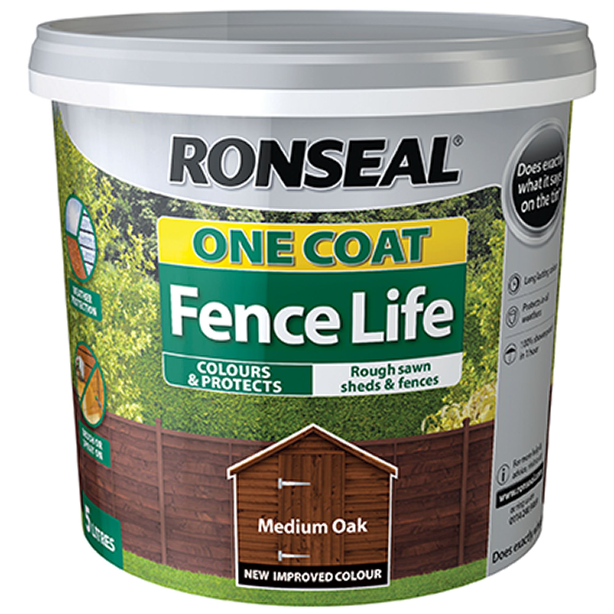 Ronseal One Coat Fence Life Medium oak Matt Exterior Fence & shed Wood paint, 5L Tub