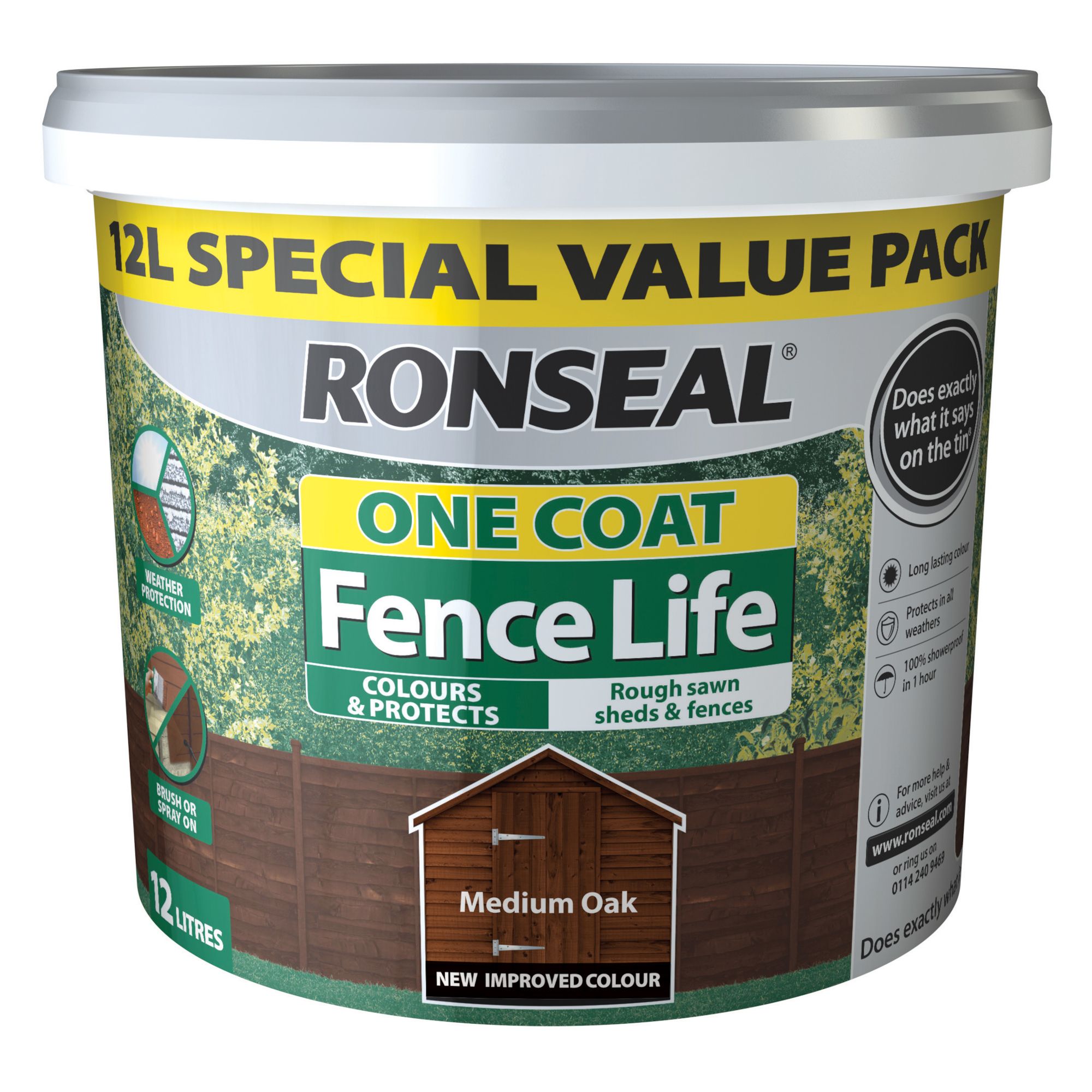 Ronseal One Coat Fence Life Medium oak Matt Exterior Wood paint, 12L