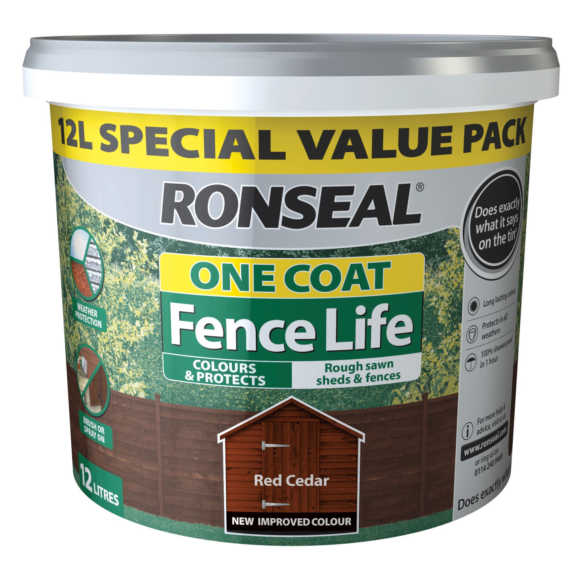 Ronseal One Coat Fence Life Red cedar Matt Exterior Fence & shed Wood paint, 12L Tub