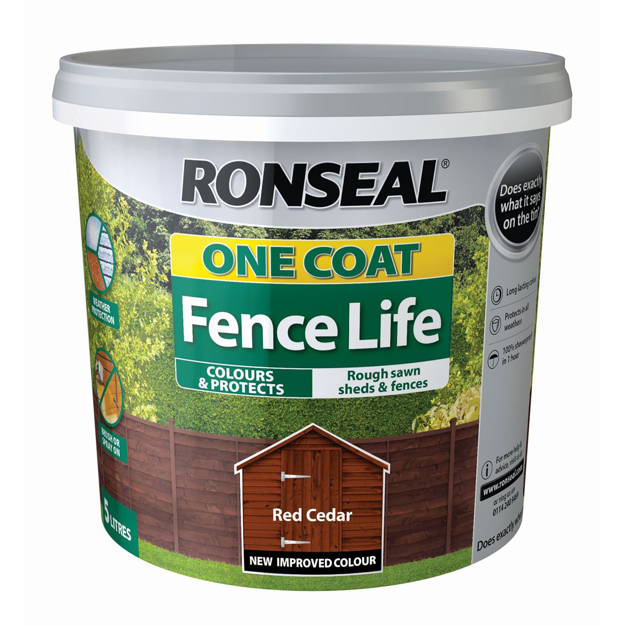 Ronseal One Coat Fence Life Red cedar Matt Exterior Fence & shed Wood paint, 5L Tub