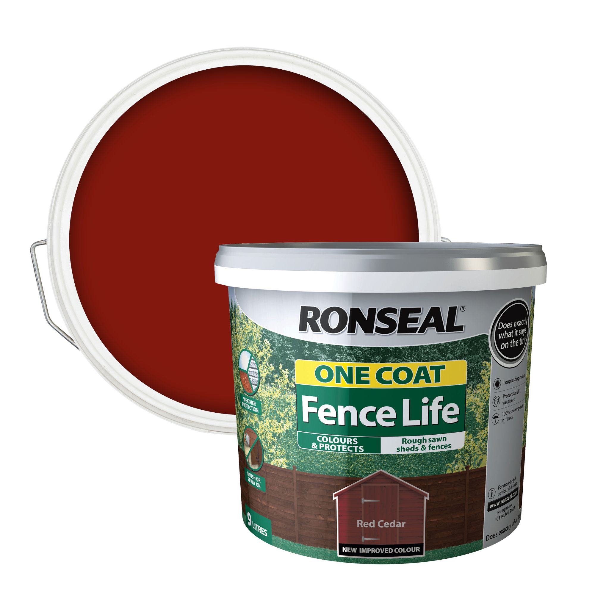 Ronseal One Coat Fence Life Red cedar Matt Exterior Fence & shed Wood paint, 9L Tub