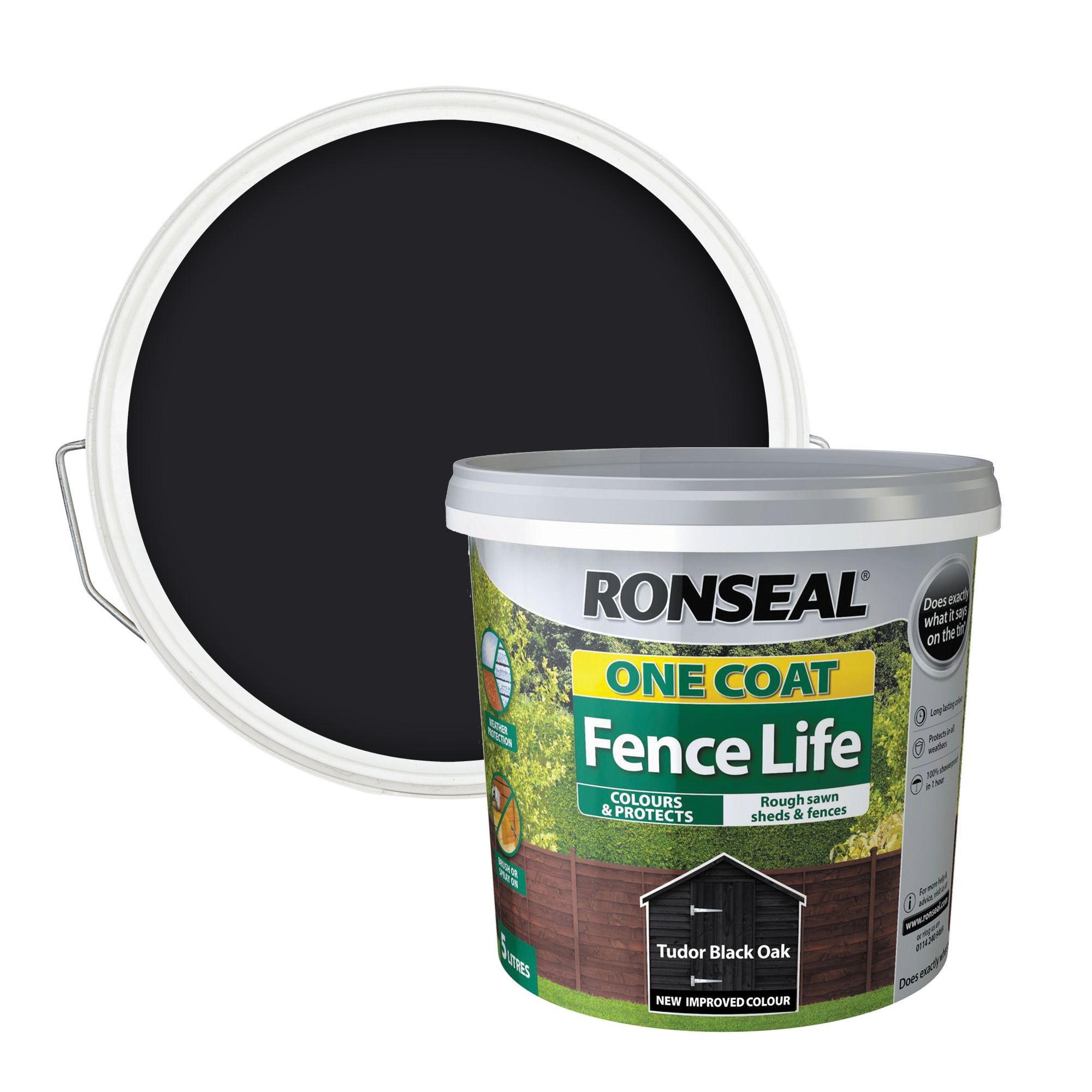 Ronseal One Coat Fence Life Tudor black oak Matt Exterior Fence & shed Wood paint, 5L Tub