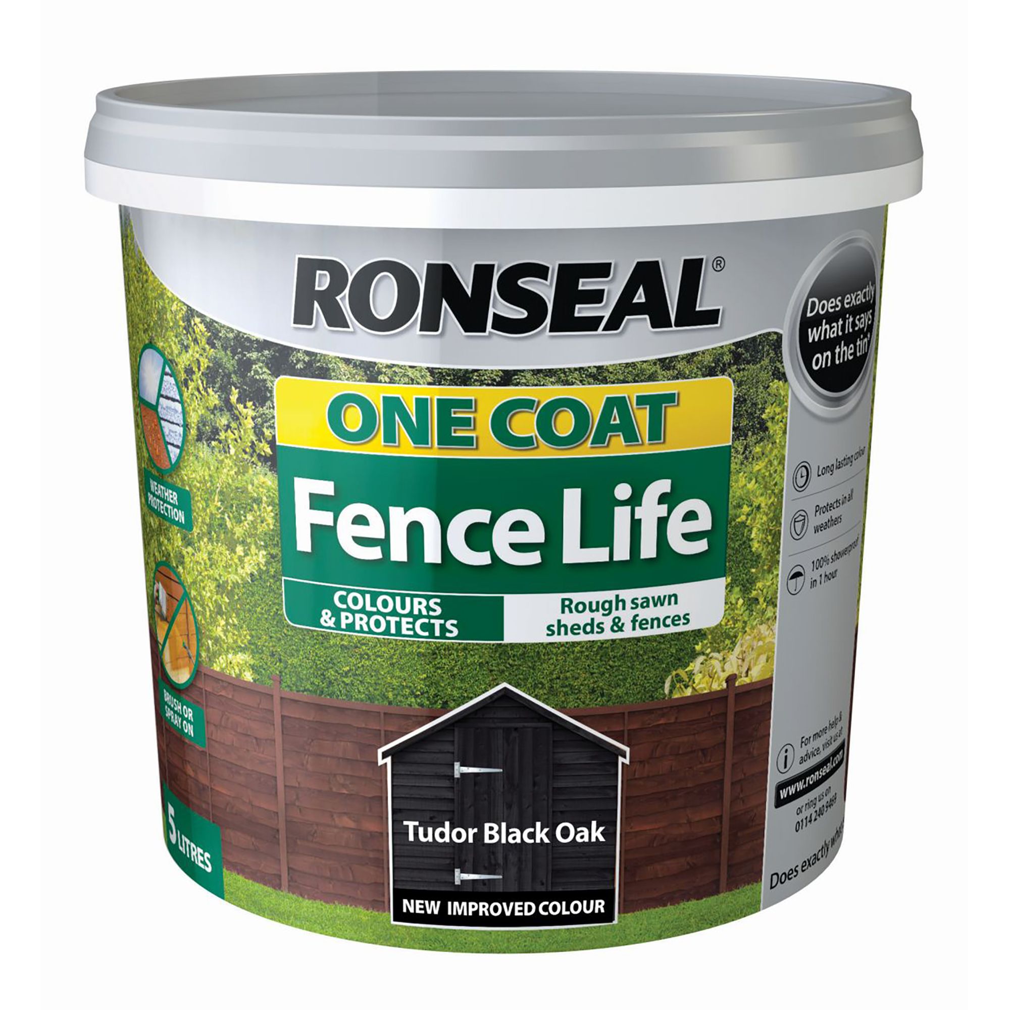 Ronseal One Coat Fence Life Tudor black oak Matt Exterior Fence & shed Wood paint, 5L Tub
