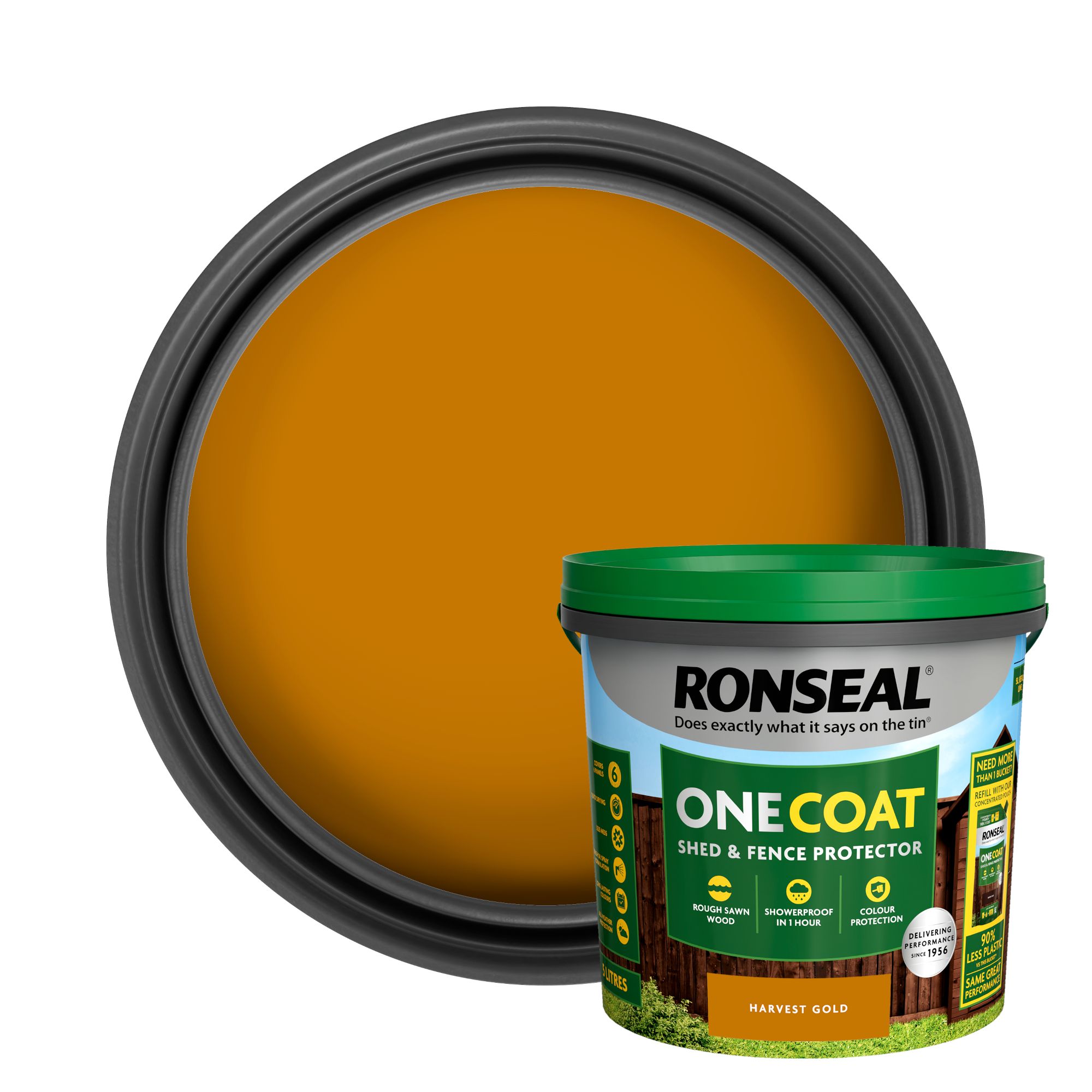 Ronseal One Coat Harvest Gold Matt Exterior Shed & fence Protector Wood paint, 5L Tub