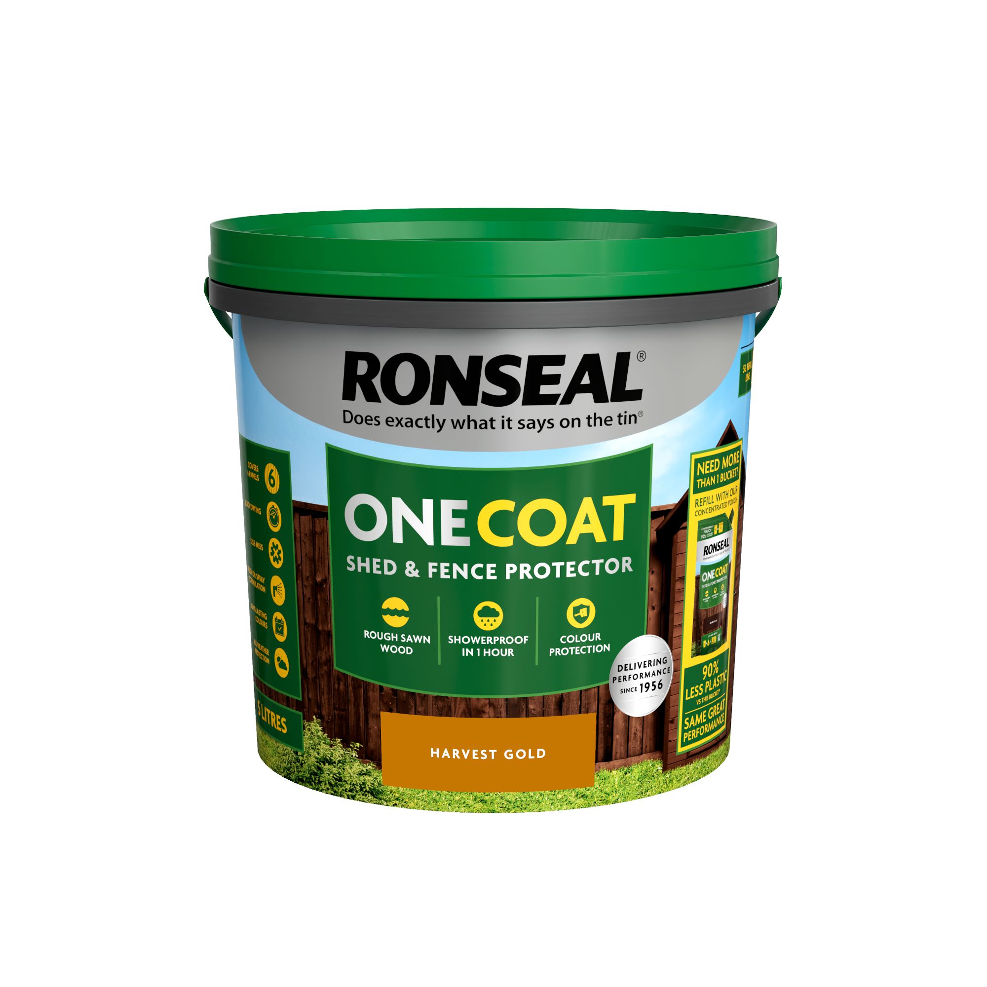 Ronseal One Coat Harvest Gold Matt Exterior Shed & fence Protector Wood paint, 5L Tub