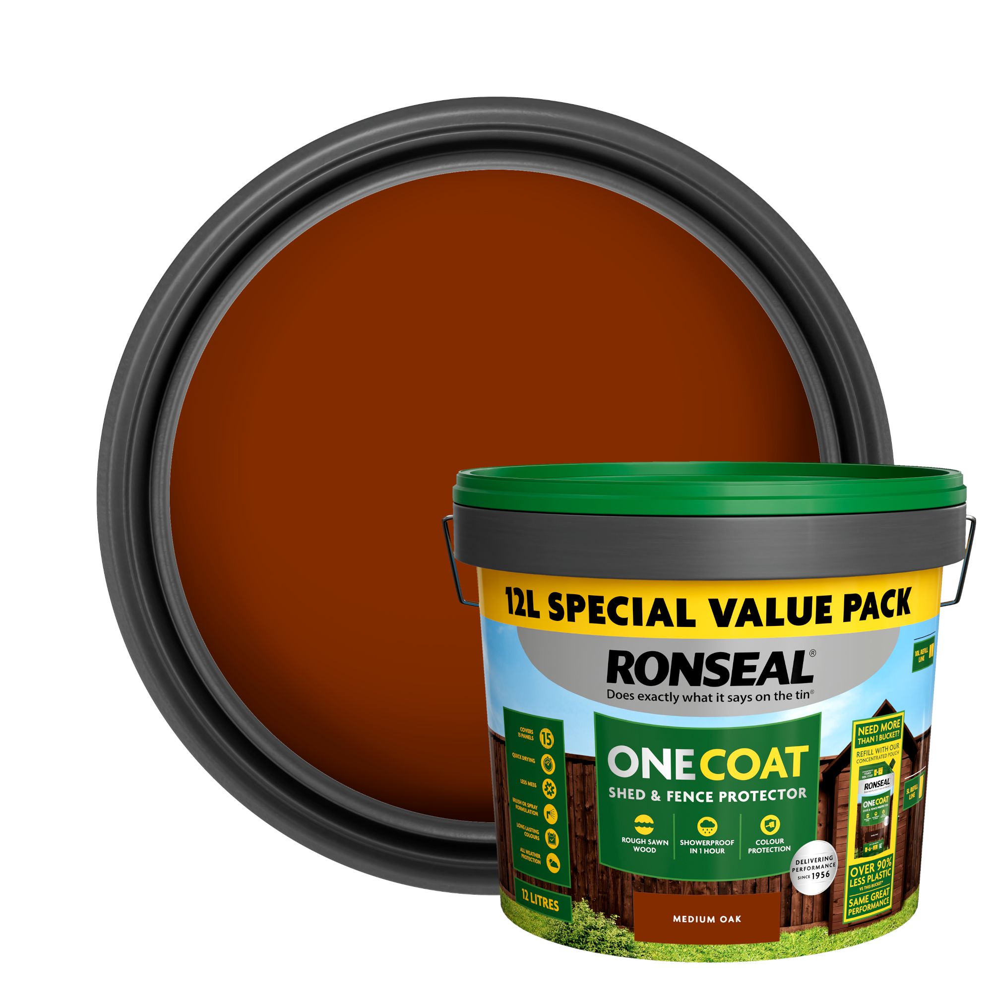 Ronseal One Coat Medium Oak Matt Exterior Shed & fence Protector Wood paint, 12L Tub