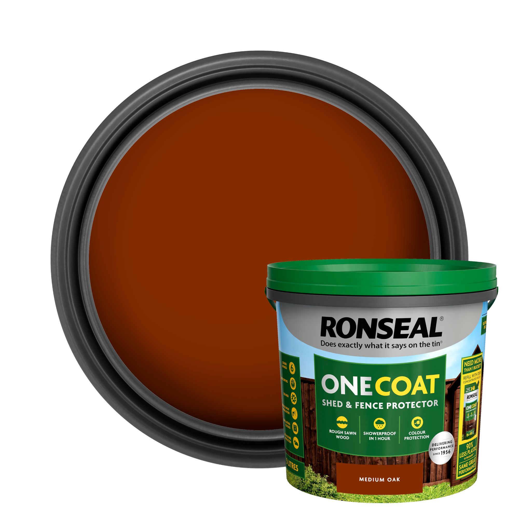 Ronseal One Coat Medium Oak Matt Exterior Shed & fence Protector Wood paint, 5L Tub