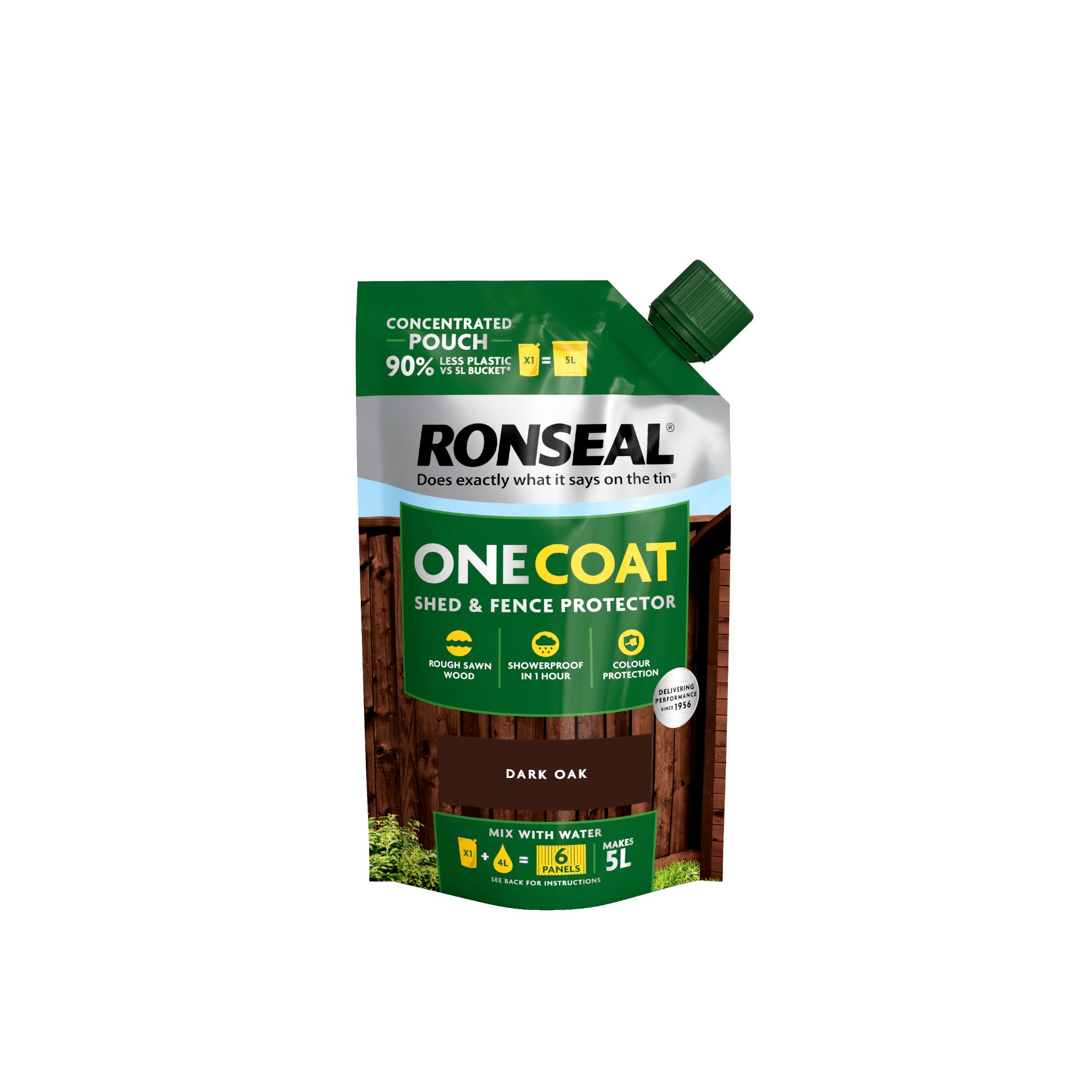 Ronseal One Coat Refill Dark Oak Matt Exterior Shed & fence Protector Wood paint, 950ml Pouch