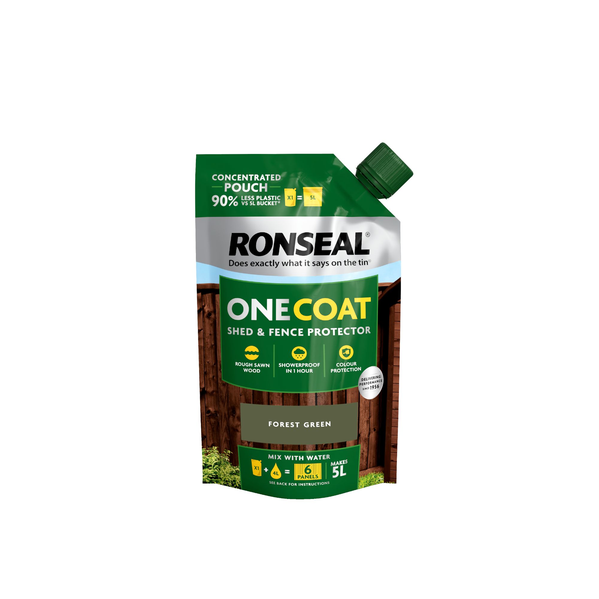 Ronseal One Coat Refill Forest Green Matt Exterior Shed & fence Protector Wood paint, 950ml Pouch