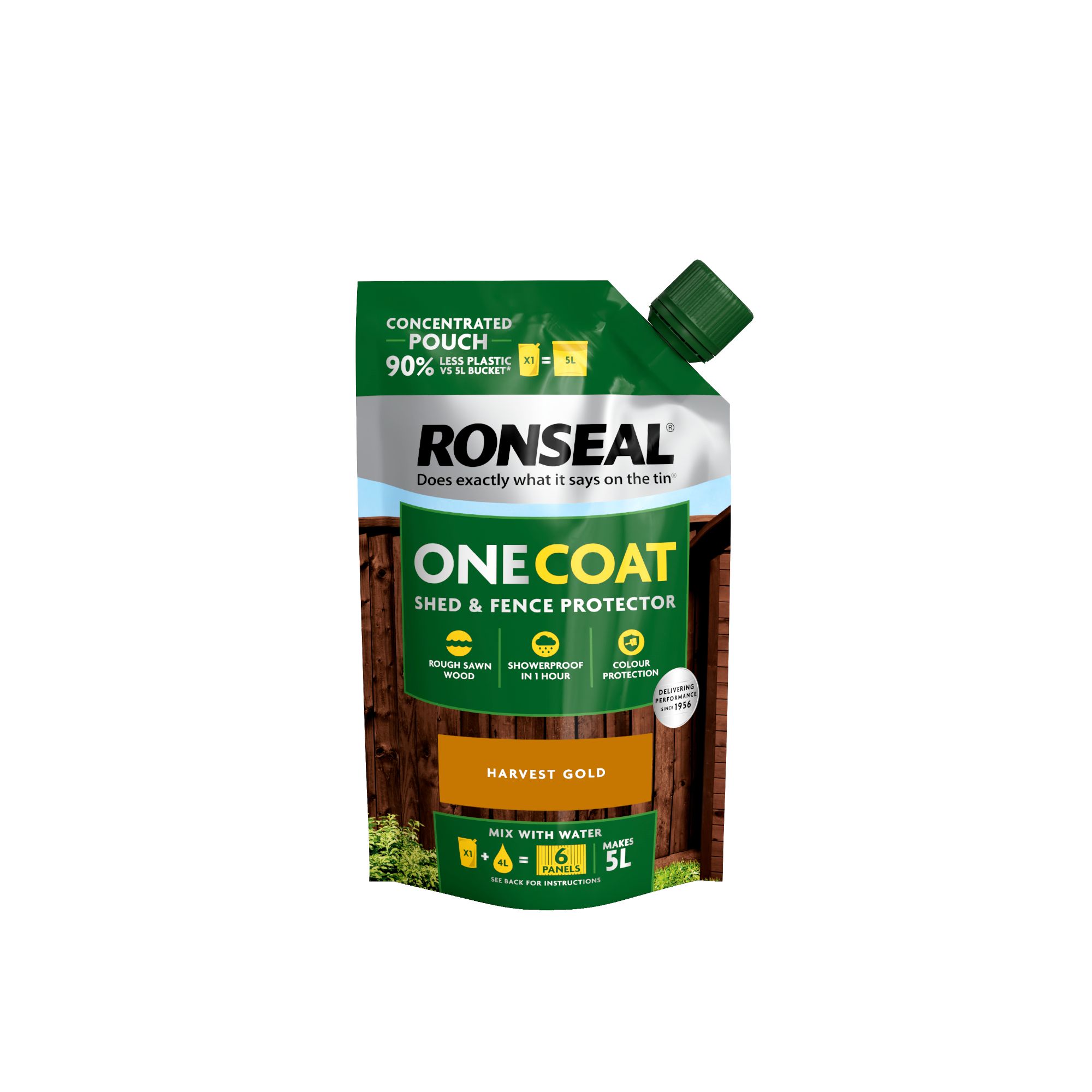 Ronseal One Coat Refill Harvest Gold Matt Exterior Shed & fence Protector Wood paint, 950ml Pouch