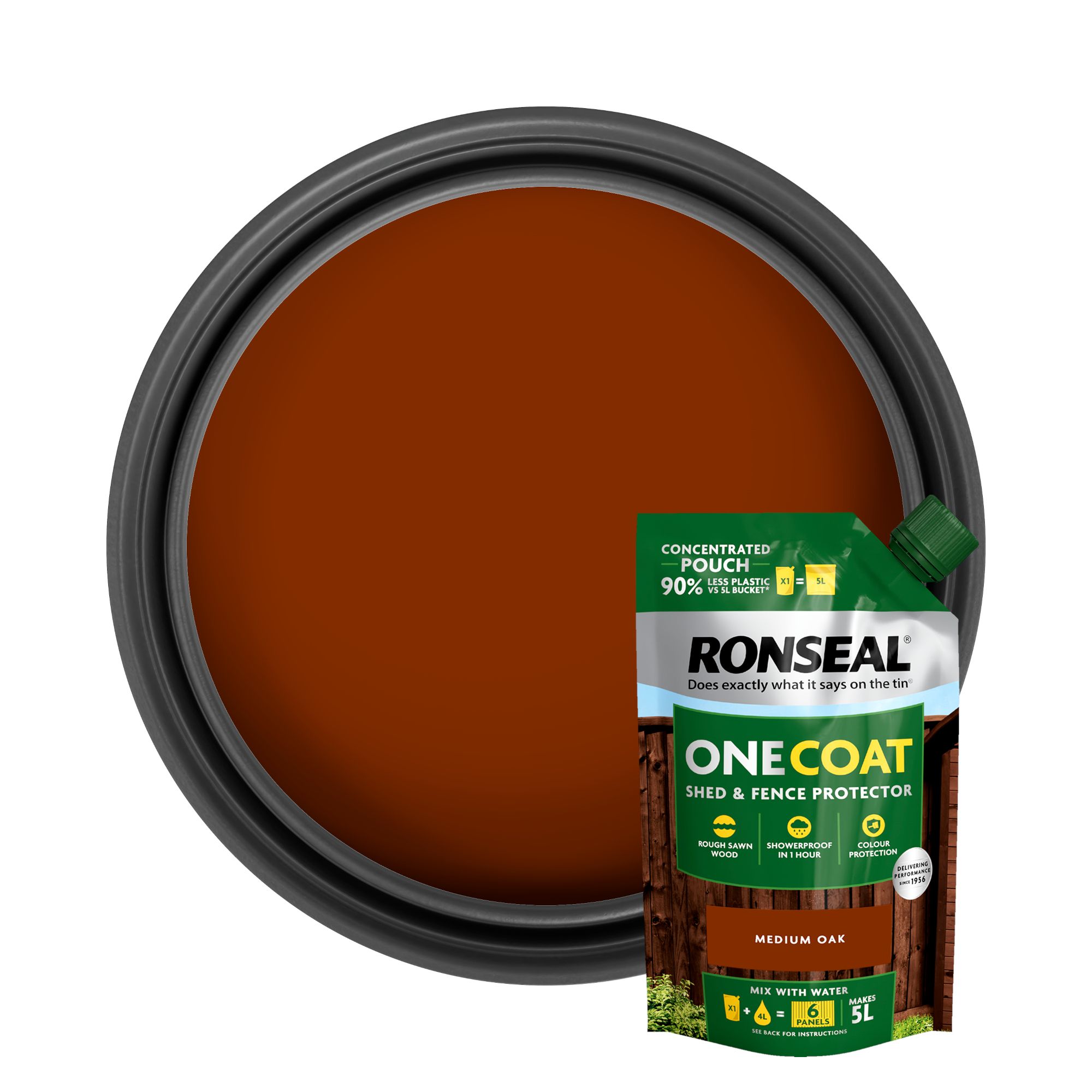 Ronseal One Coat Refill Medium Oak Matt Exterior Shed & fence Protector Wood paint, 950ml Pouch