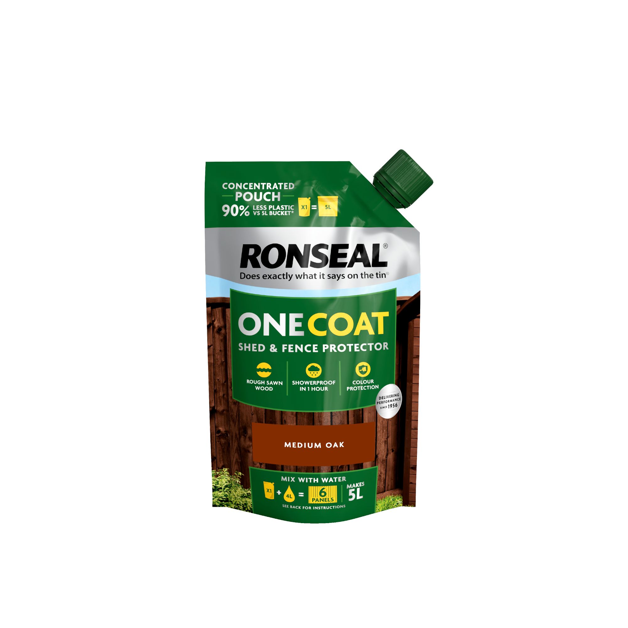 Ronseal One Coat Refill Medium Oak Matt Exterior Shed & fence Protector Wood paint, 950ml Pouch