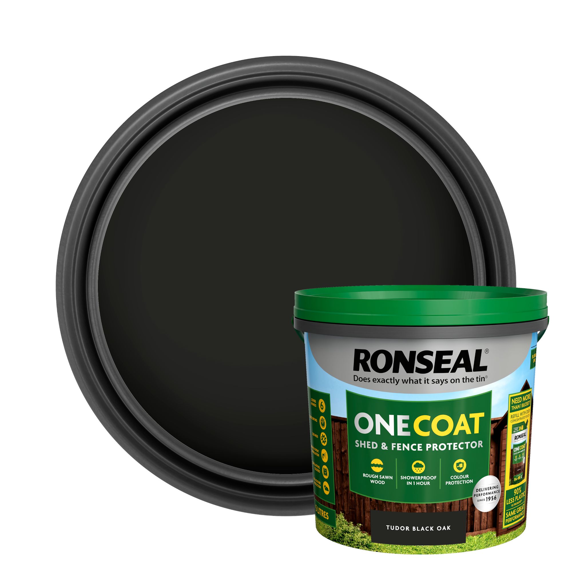 Ronseal One Coat Tudor Black Oak Matt Exterior Shed & fence Protector Wood paint, 5L Tub