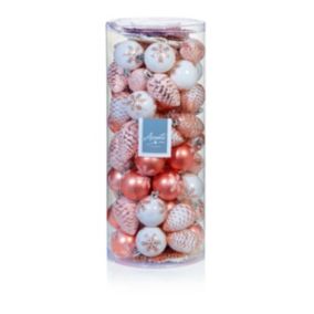 Rose Gold Glitter effect Snowflake & Pinecone Plastic Bauble, Pack of 84