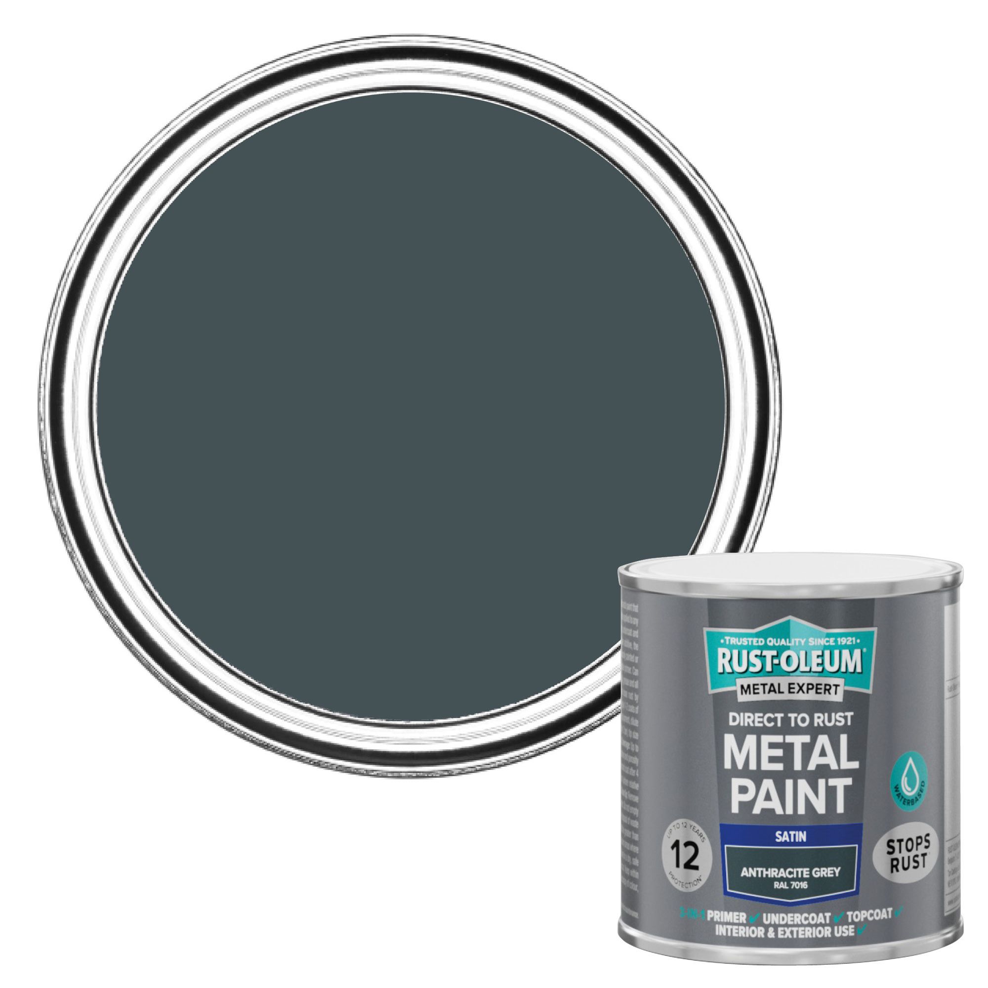 Rust-Oleum Metal Expert Anthracite Satin Topcoat Paint, 250ml Tin