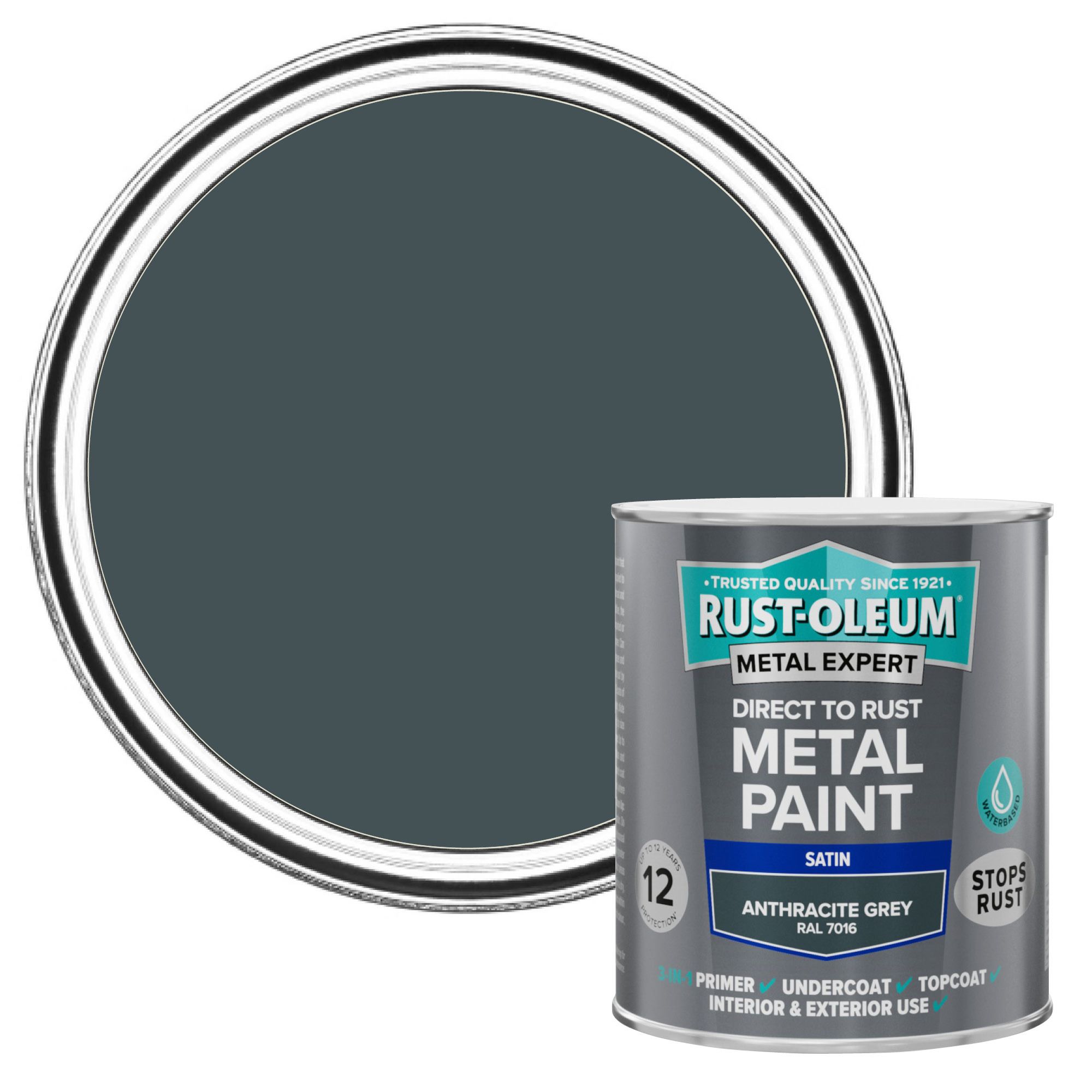 Rust-Oleum Metal Expert Anthracite Satin Topcoat Paint, 750ml Tin