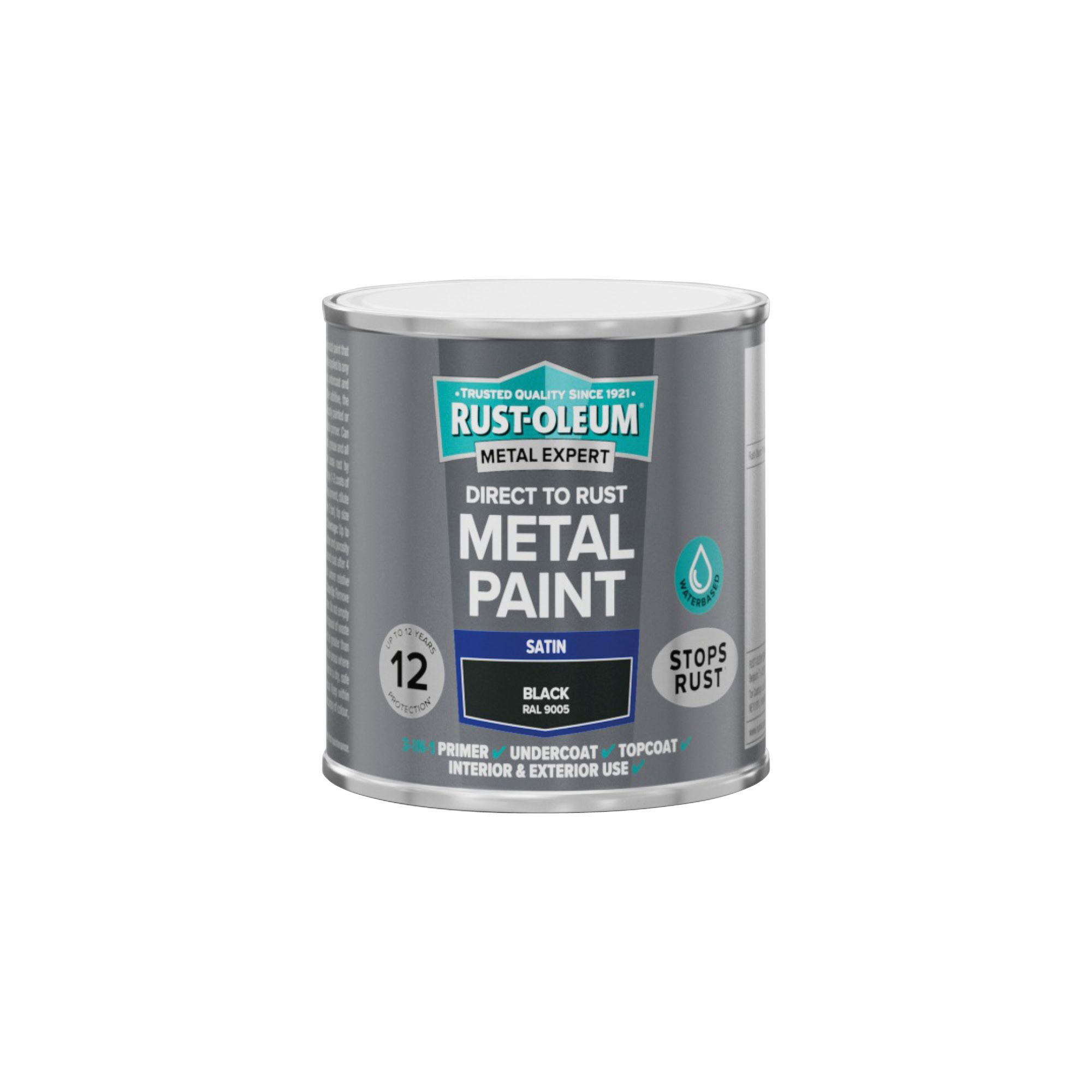 Rust-Oleum Metal Expert Black Satin Topcoat Paint, 250ml Tin
