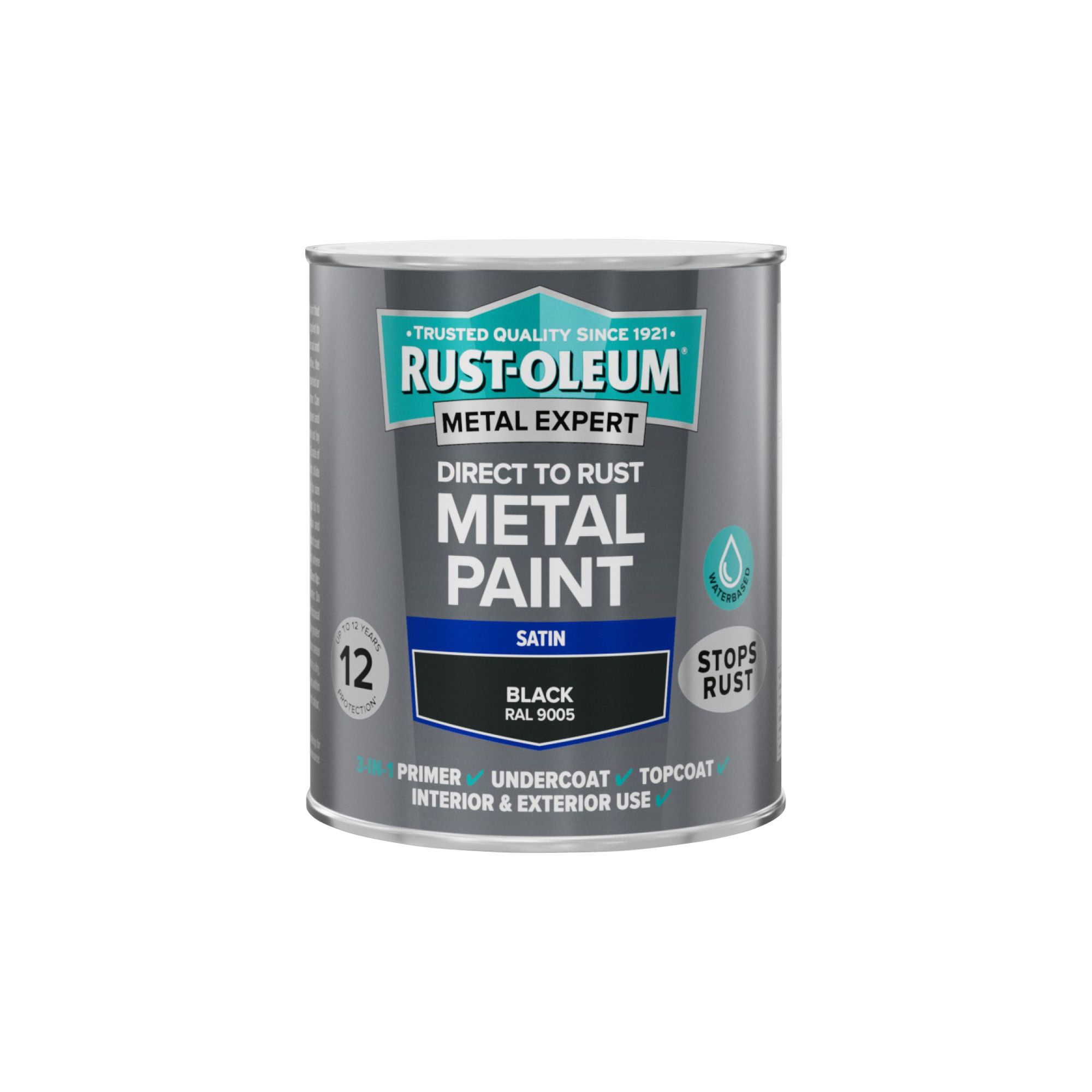 Rust-Oleum Metal Expert Black Satin Topcoat Paint, 750ml Tin