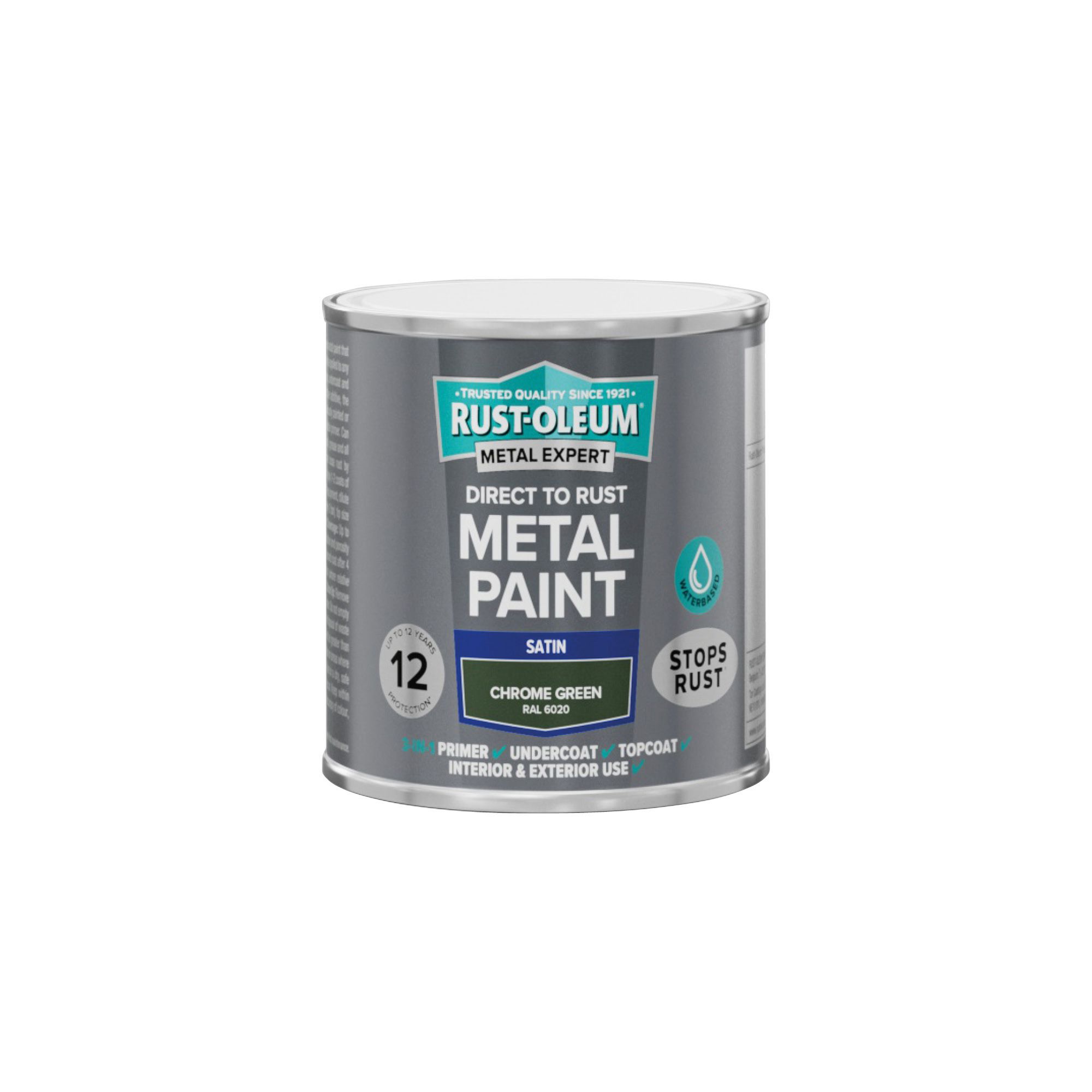 Rust-Oleum Metal Expert Chrome Green Satin Topcoat Paint, 250ml Tin