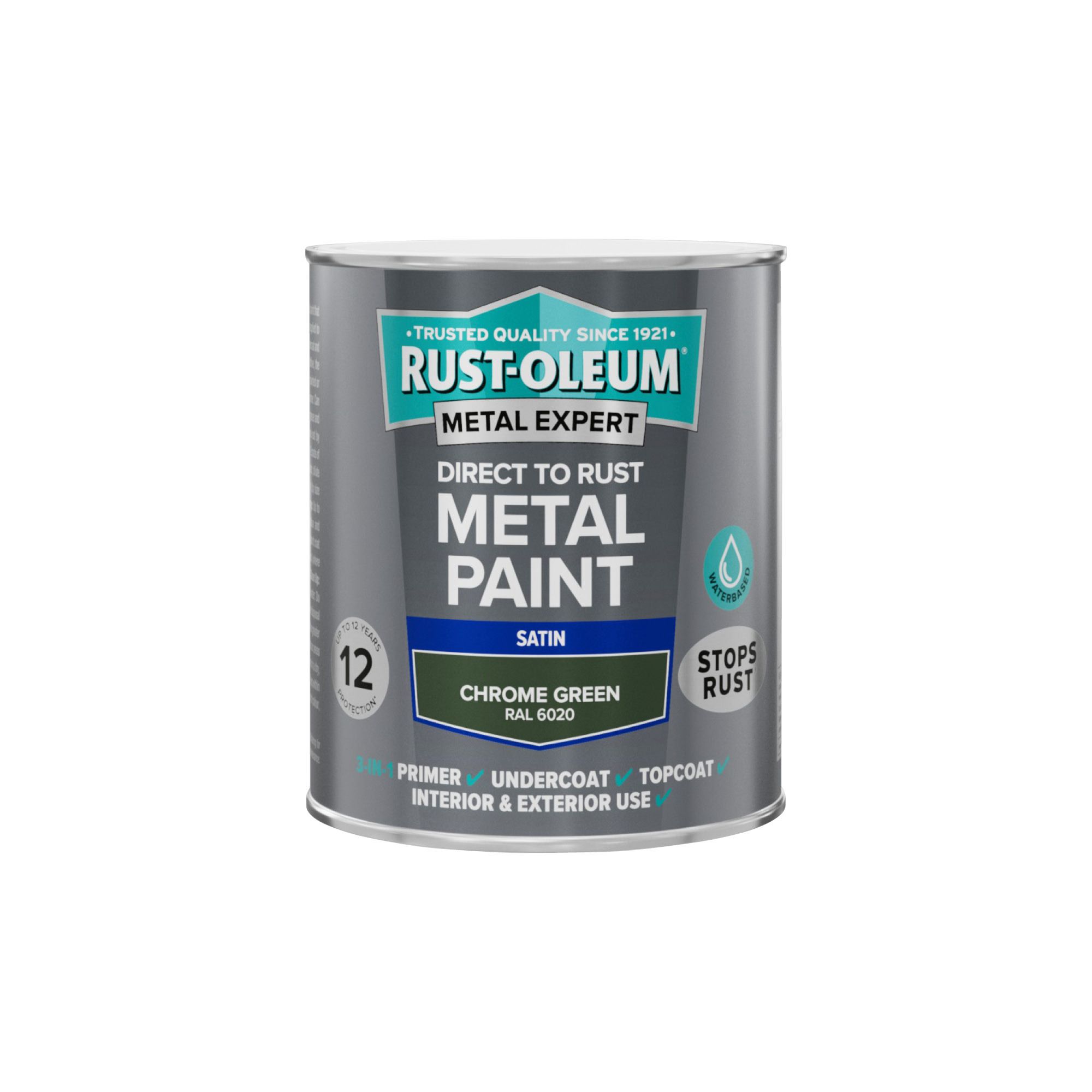 Rust-Oleum Metal Expert Chrome Green Satin Topcoat Paint, 750ml Tin