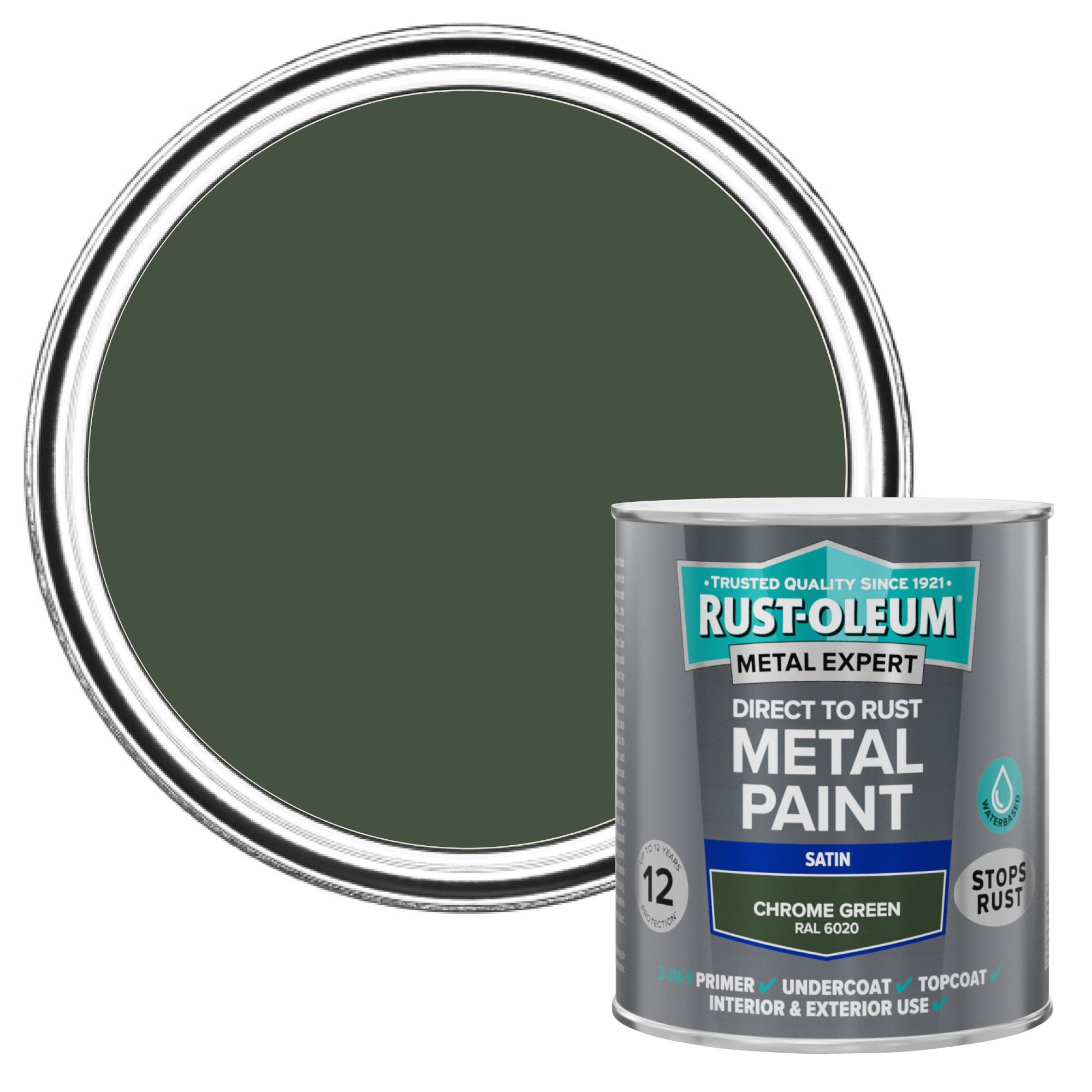 Rust-Oleum Metal Expert Chrome Green Satin Topcoat Paint, 750ml Tin