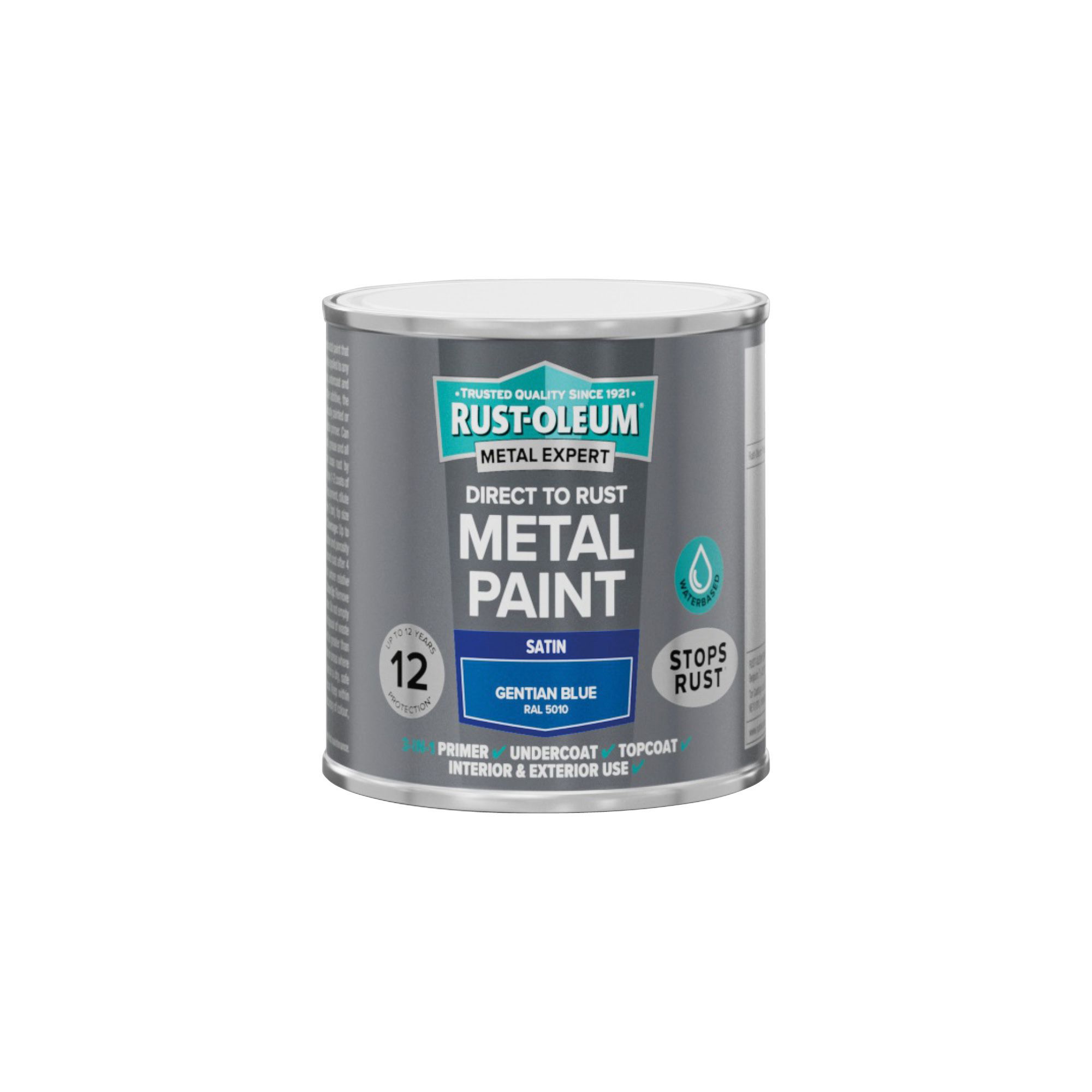 Rust-Oleum Metal Expert Gentian Blue Satin Topcoat Paint, 250ml Tin