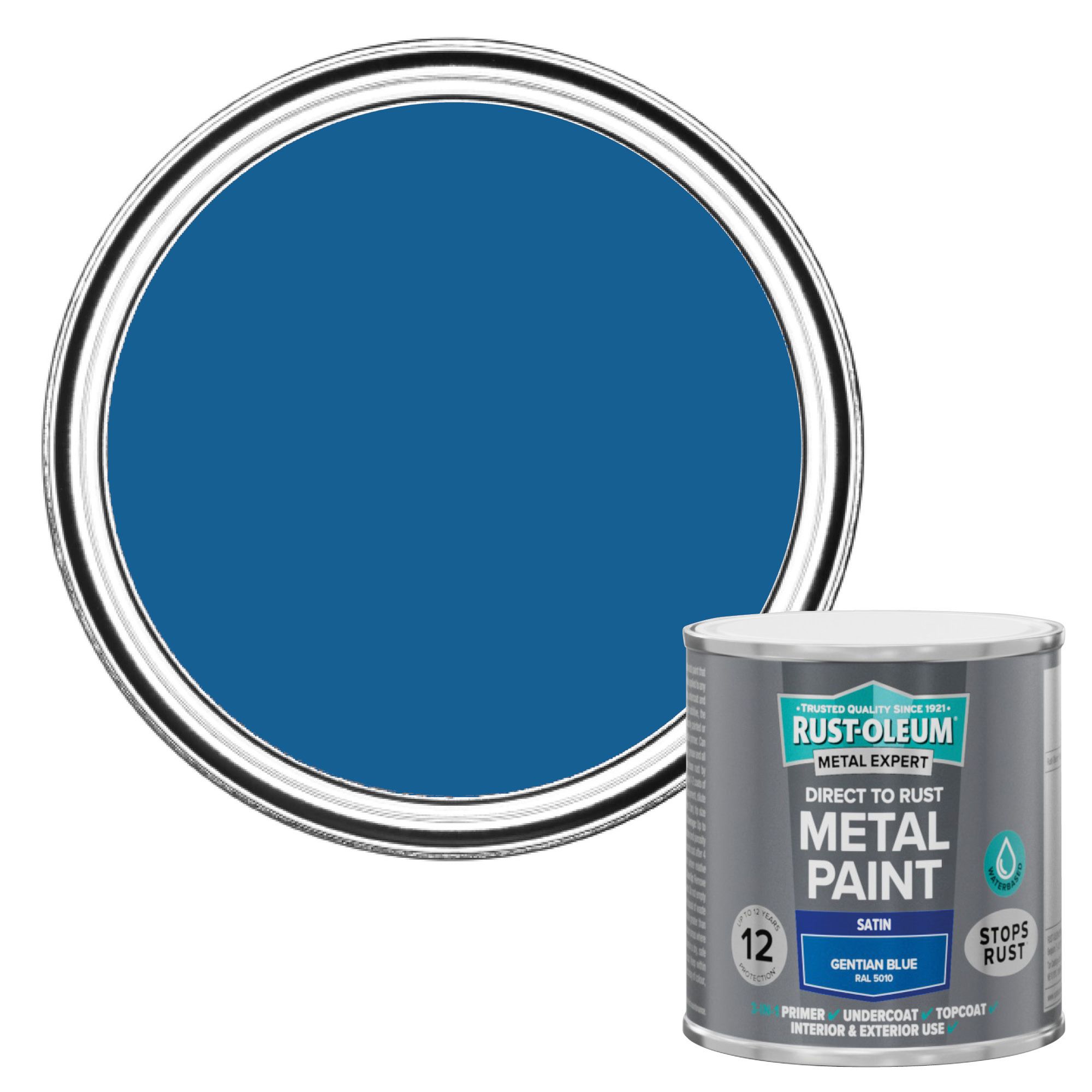 Rust-Oleum Metal Expert Gentian Blue Satin Topcoat Paint, 250ml Tin