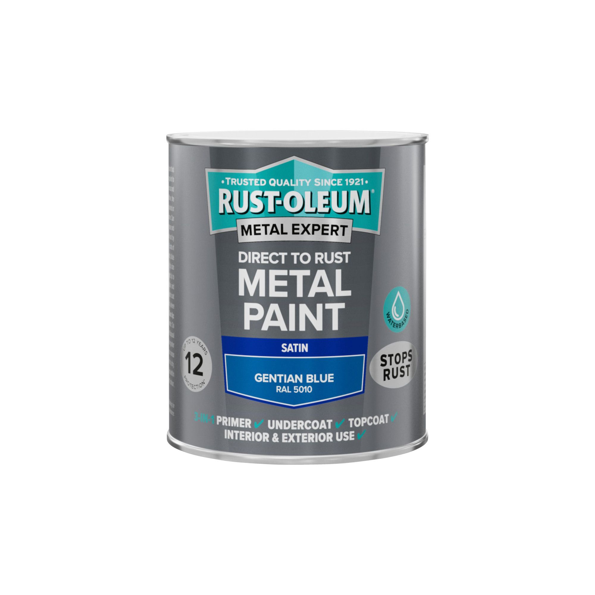 Rust-Oleum Metal Expert Gentian Blue Satin Topcoat Paint, 750ml Tin