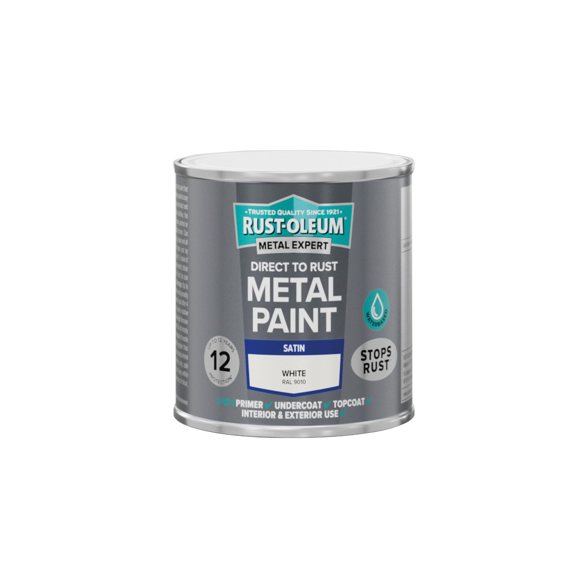 Rust-Oleum Metal Expert White Satin Topcoat Paint, 250ml Tin