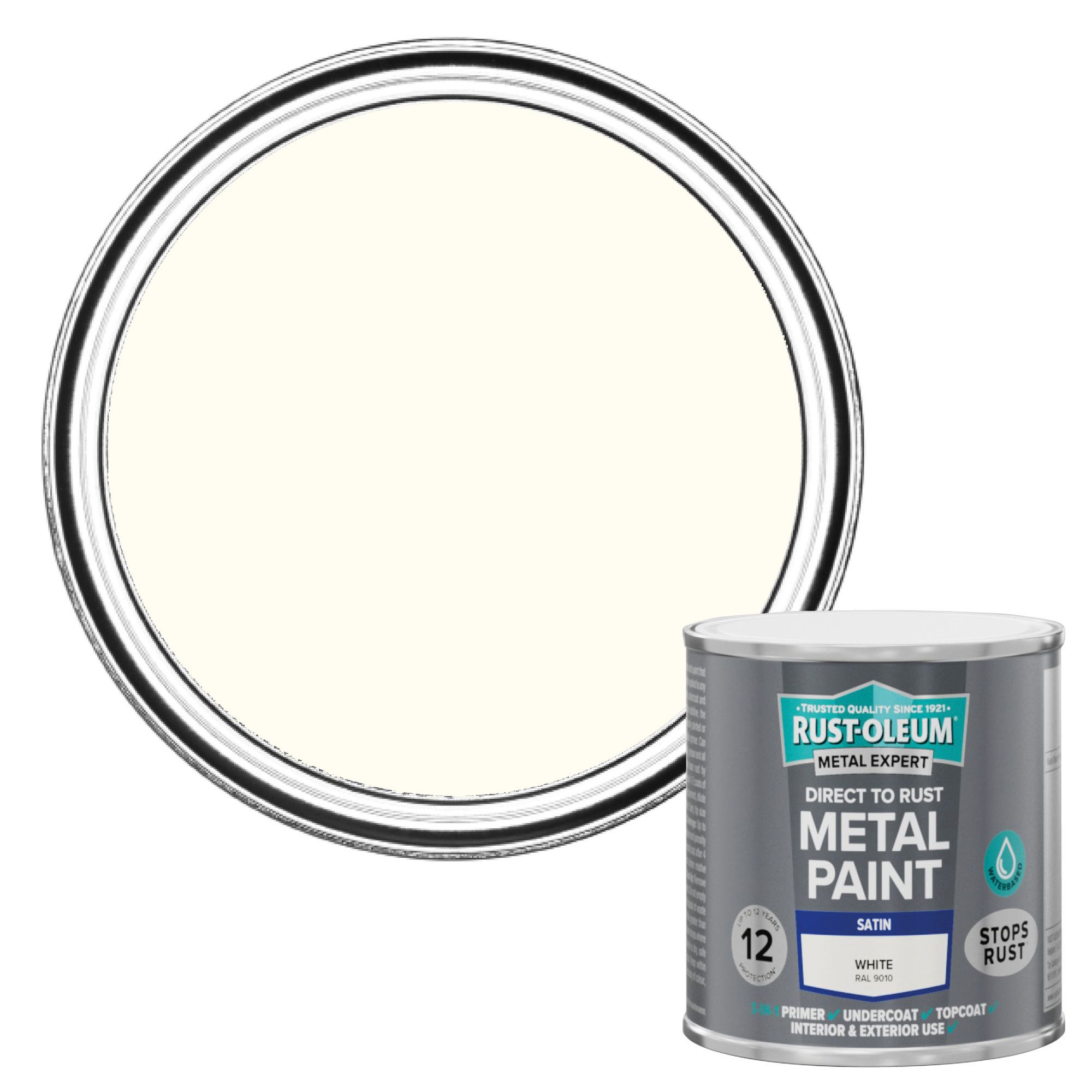 Rust-Oleum Metal Expert White Satin Topcoat Paint, 250ml Tin