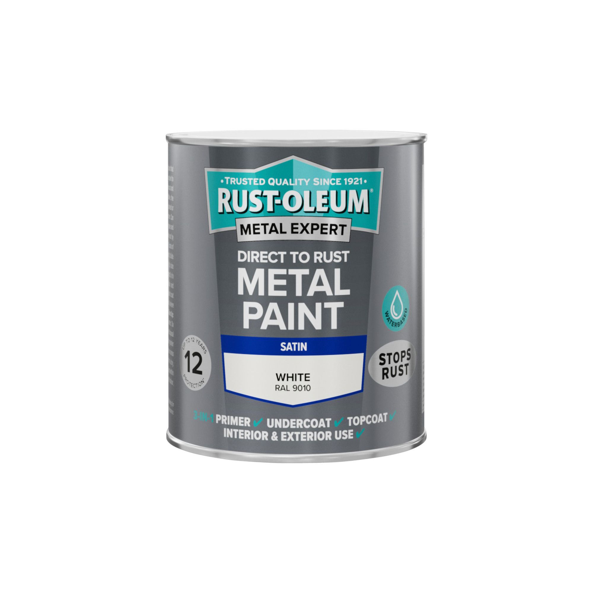 Rust-Oleum Metal Expert White Satin Topcoat Paint, 750ml Tin