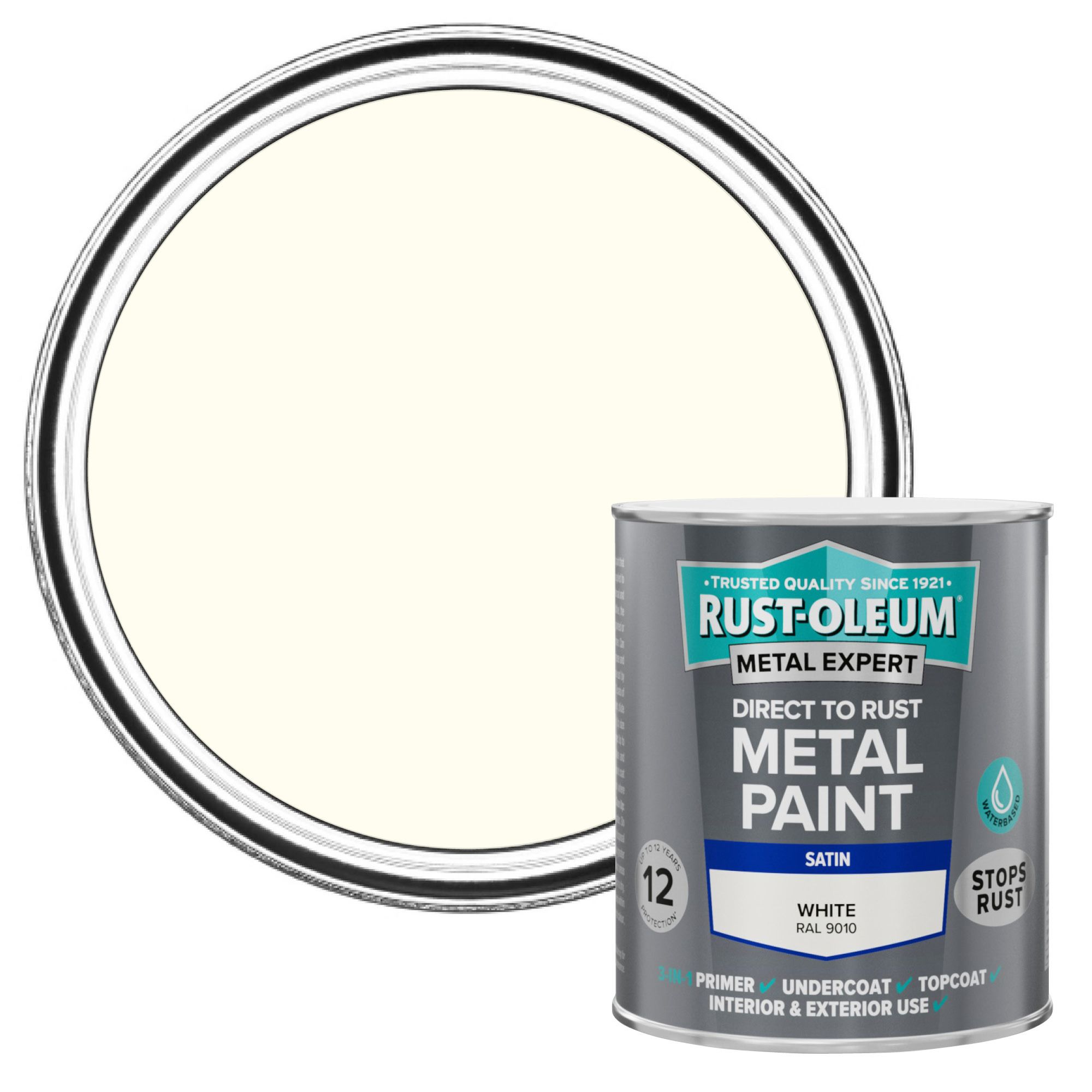 Rust-Oleum Metal Expert White Satin Topcoat Paint, 750ml Tin