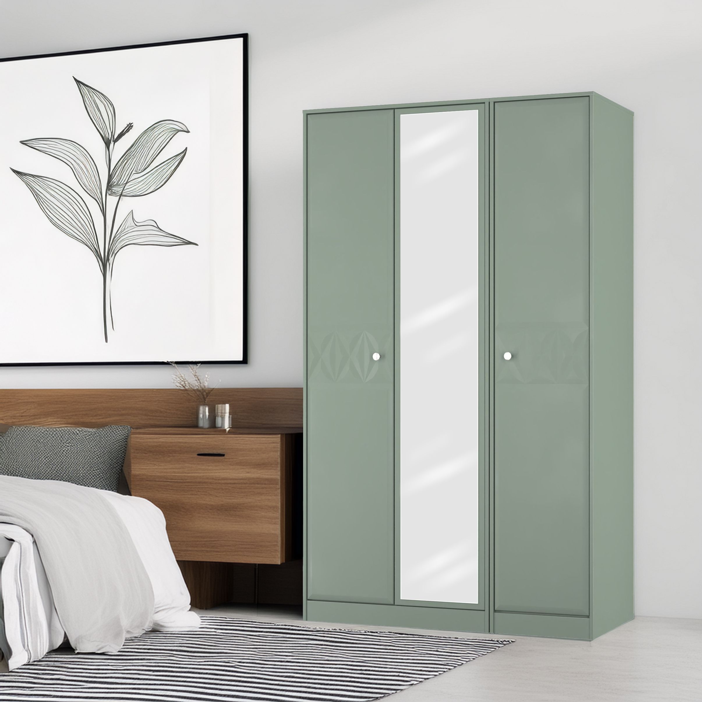 San Jose Ready assembled Contemporary Green Tall Triple Wardrobe With 1 mirror door (H)1960mm (W)1108mm (D)530mm