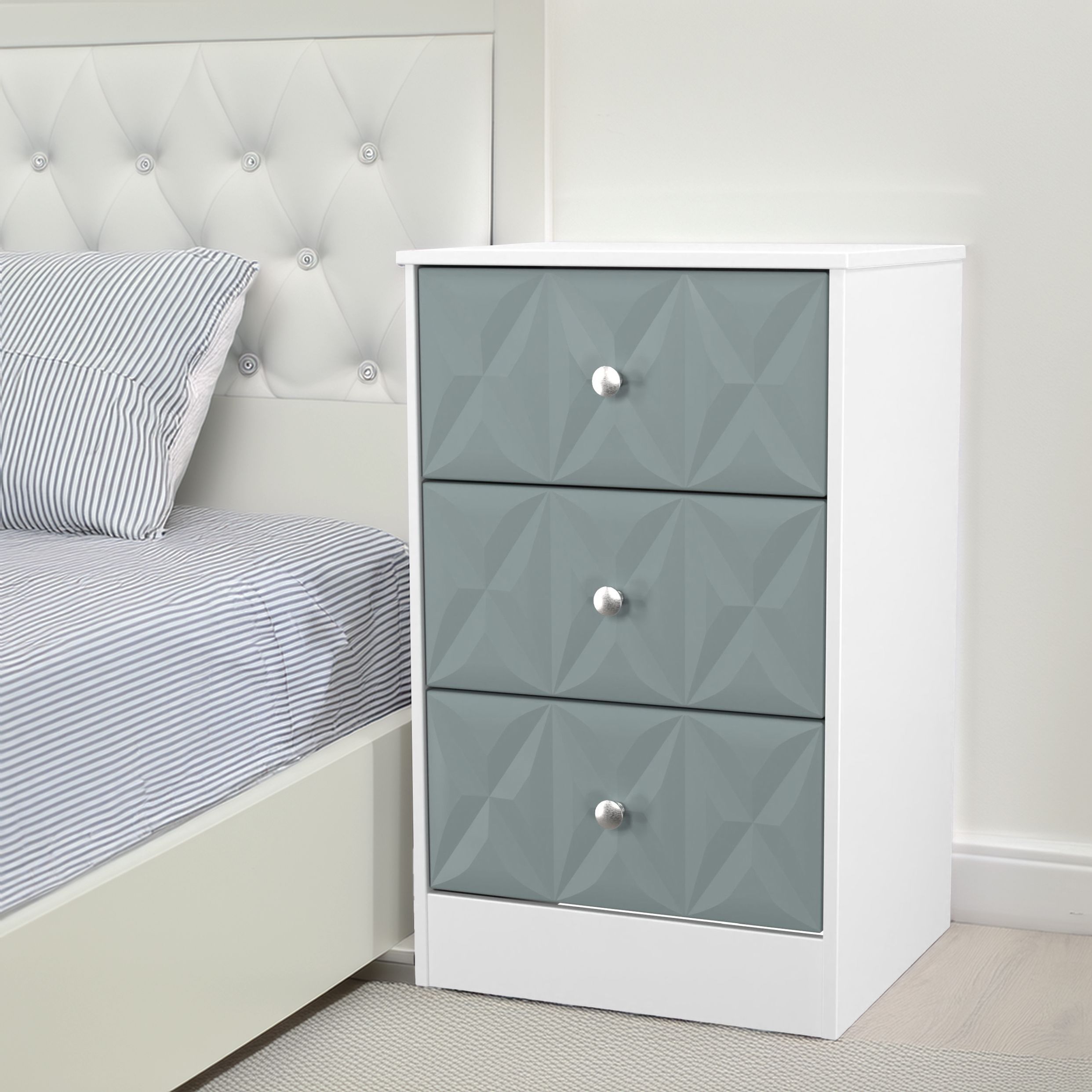 San Jose Ready assembled Duck egg blue & white 3 Drawer Bedside chest (H)726mm (W)450mm (D)395mm