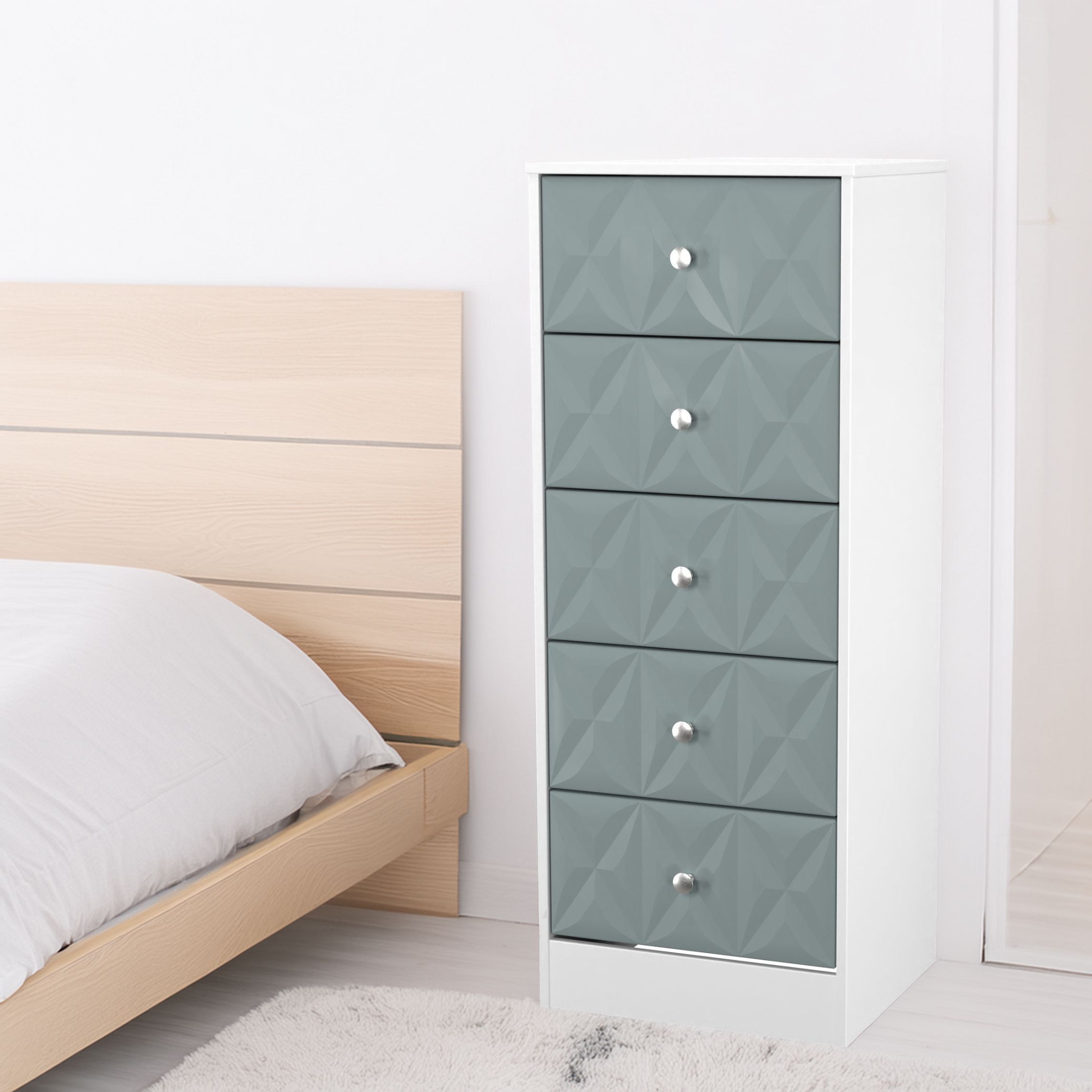 San Jose Ready assembled Duck egg blue & white 5 Drawer Bedside chest (H)1120mm (W)450mm (D)395mm