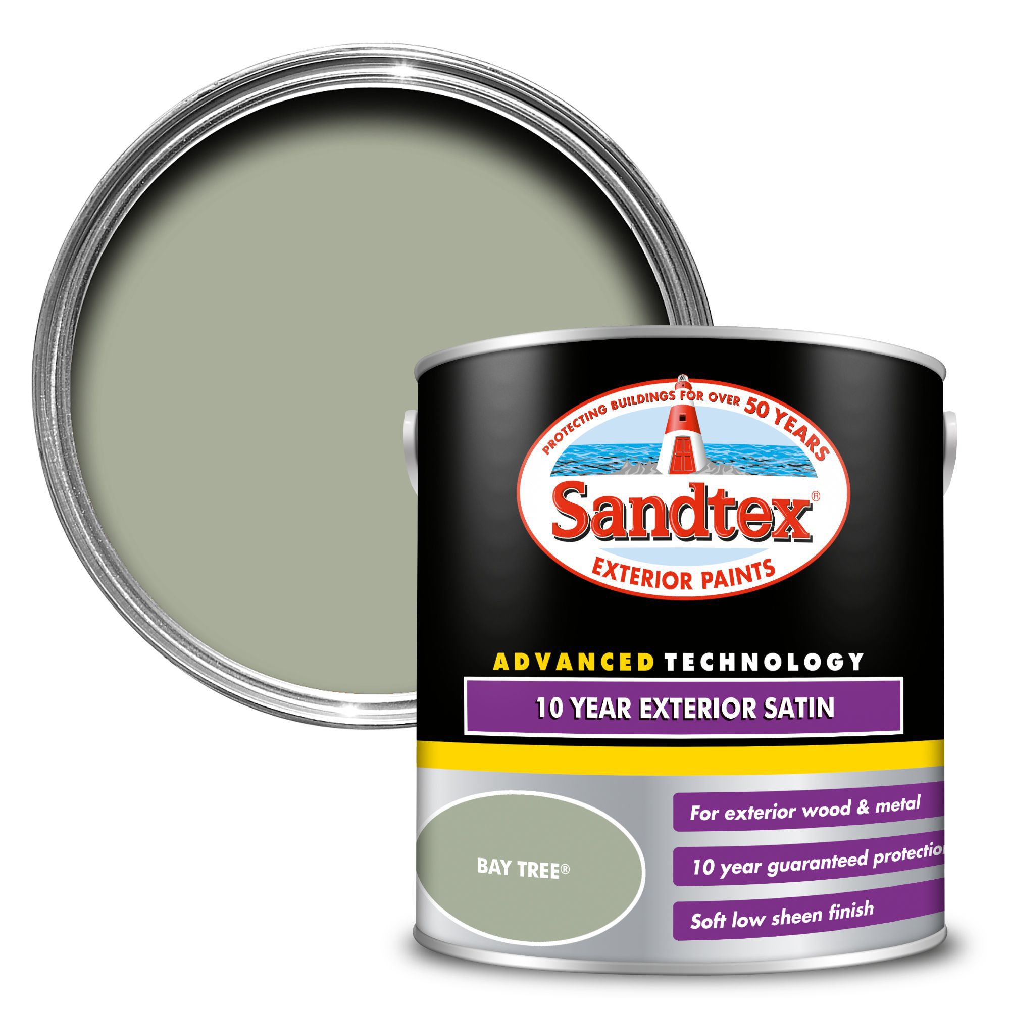 Product image for Sandtex 10 year Bay tree Satinwood Exterior Metal & wood paint, 2.5L