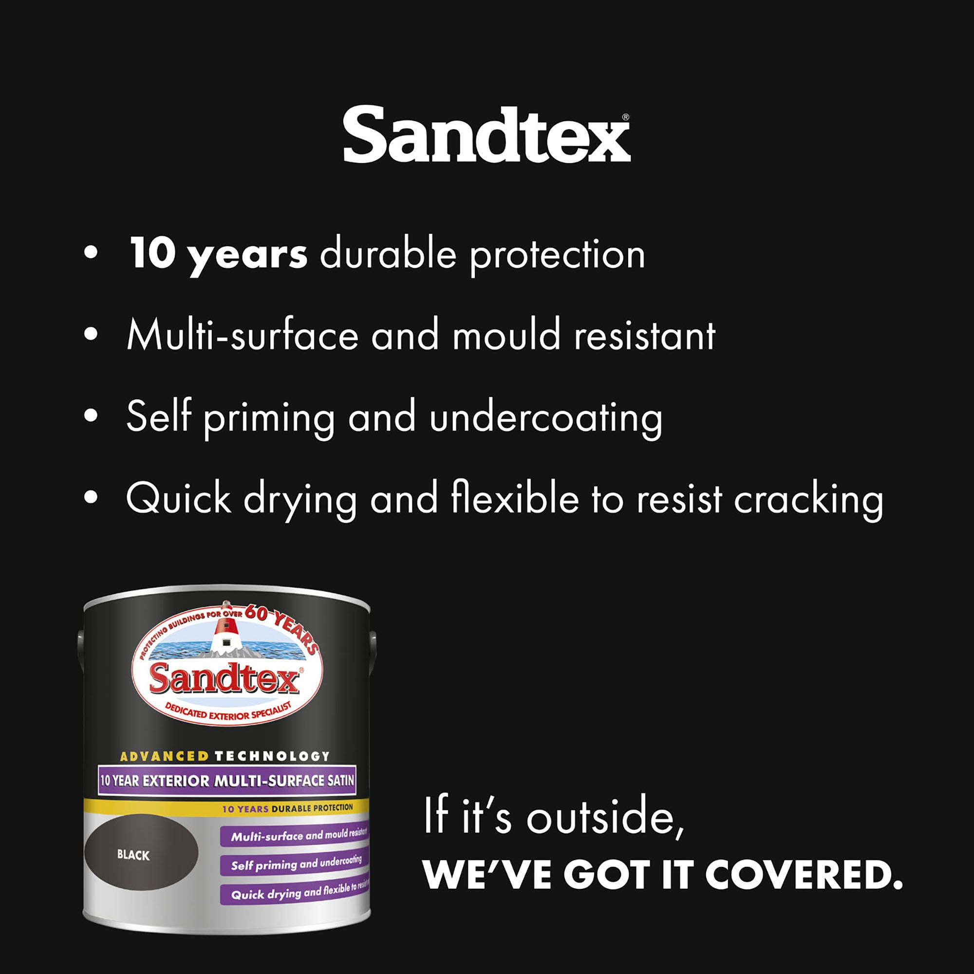 Sandtex 10 Year Black Satin Multi-surface paint, 2.5L