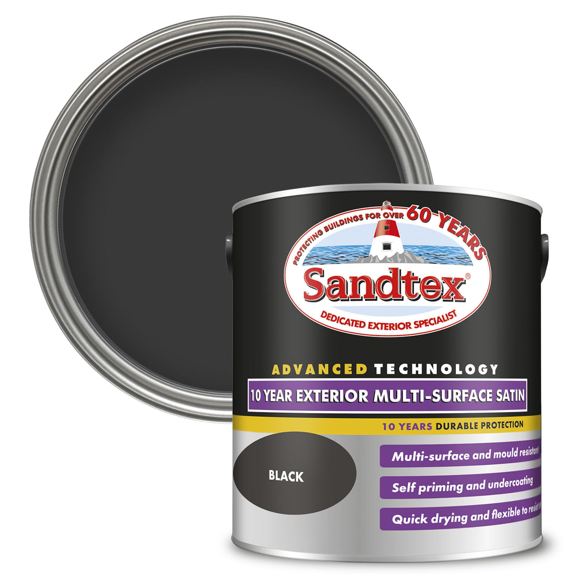 Sandtex 10 Year Black Satin Multi-surface paint, 2.5L
