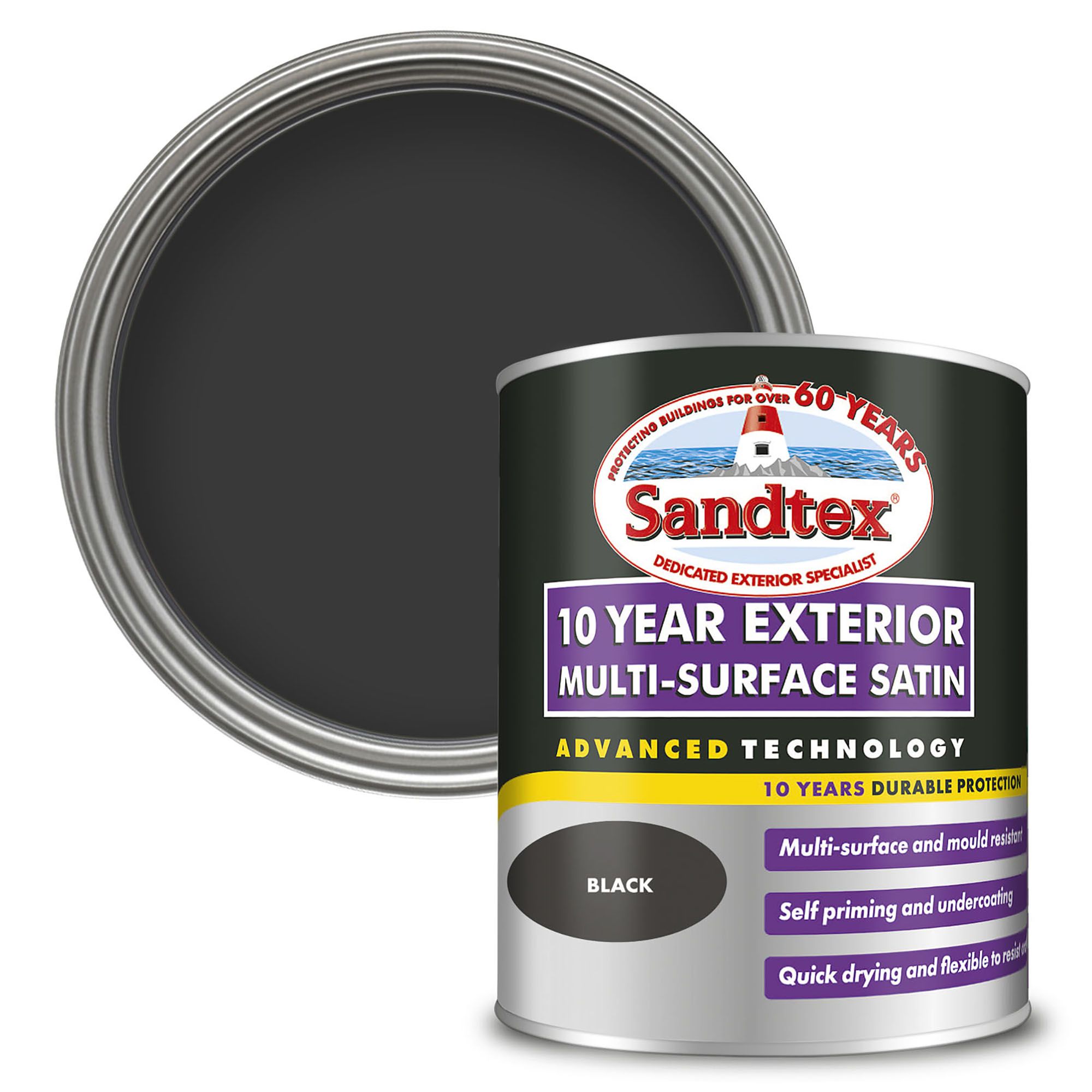 Sandtex 10 Year Black Satin Multi-surface paint, 750ml