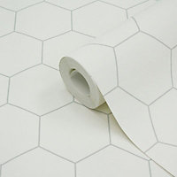 SCE Lutece Geometric Grey & white Hexagons Textured Wallpaper