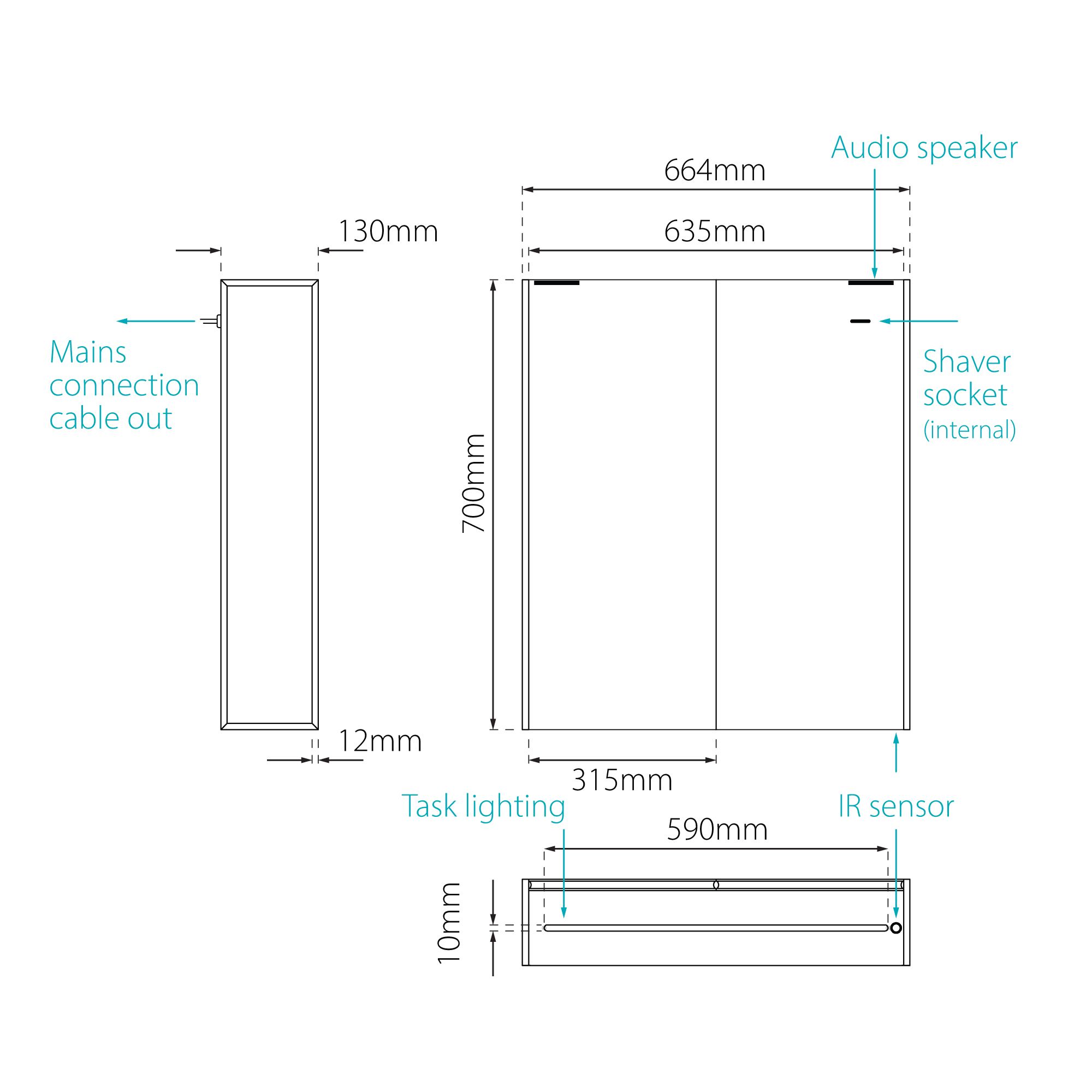 Sensio Ainsley Wall-mounted Illuminated Mirrored Bathroom Cabinet with shaver socket (W)664mm (H)700mm