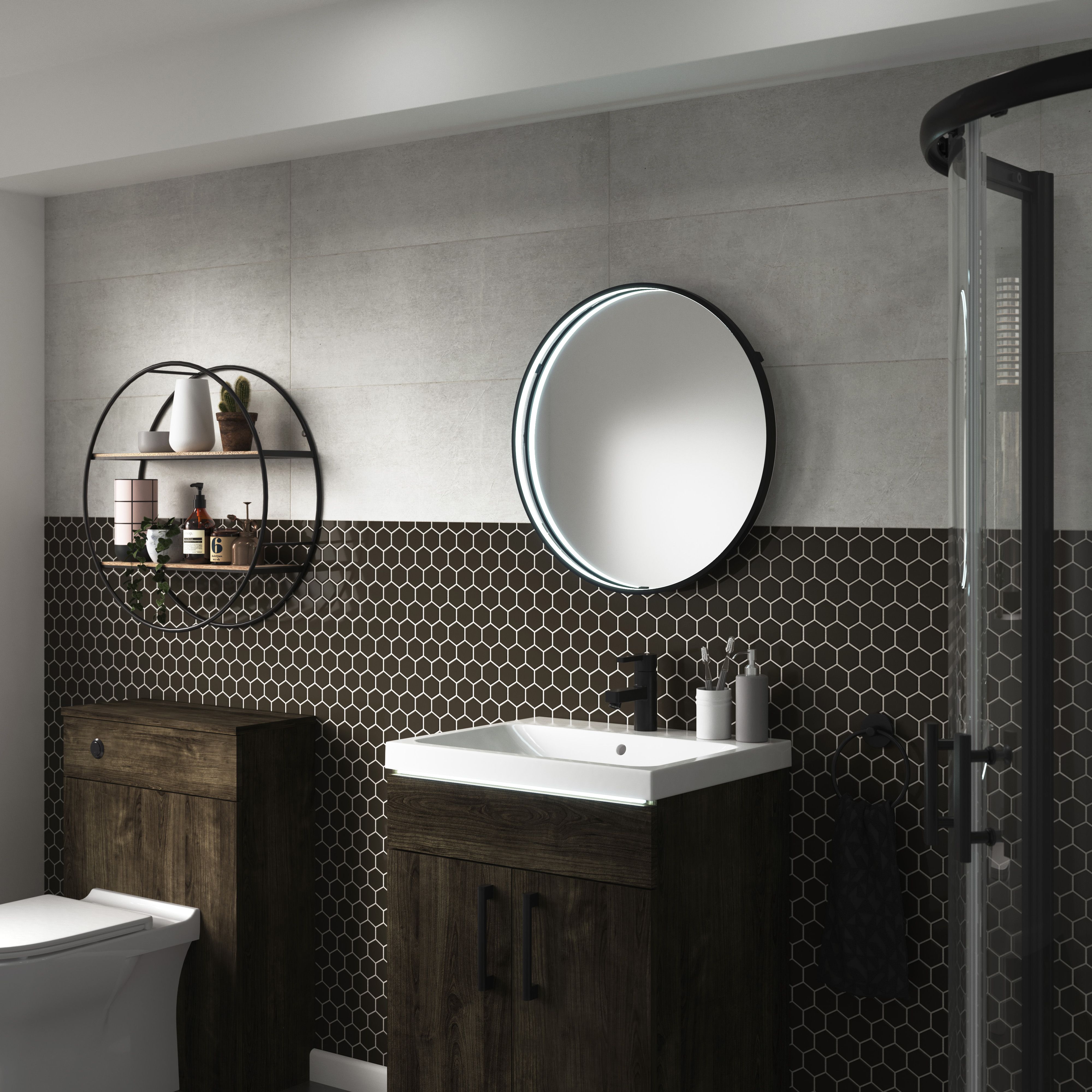 Sensio Aspect Matt Black Round Wall-mounted Bathroom & WC Illuminated mirror (H)60cm (W)60cm
