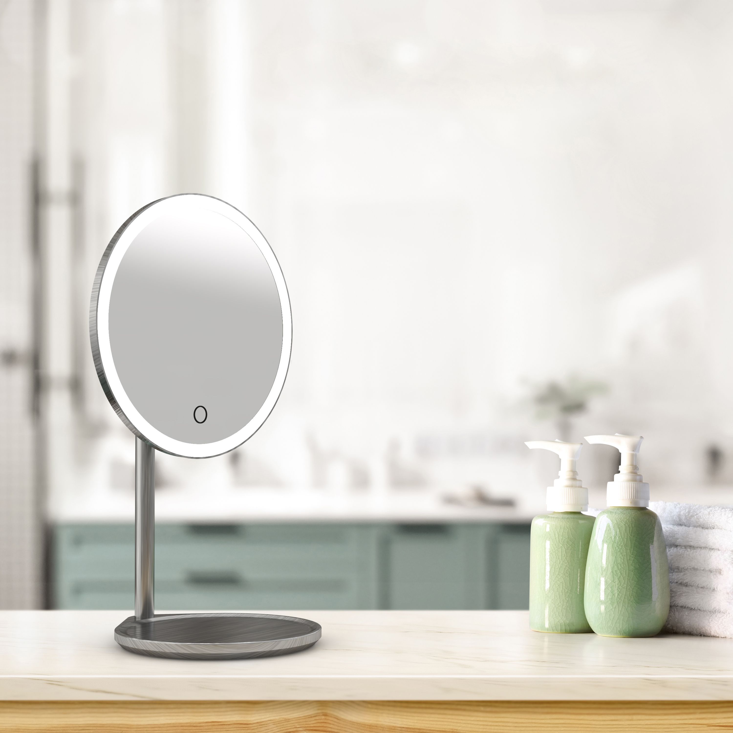 Free standing outlet illuminated mirror