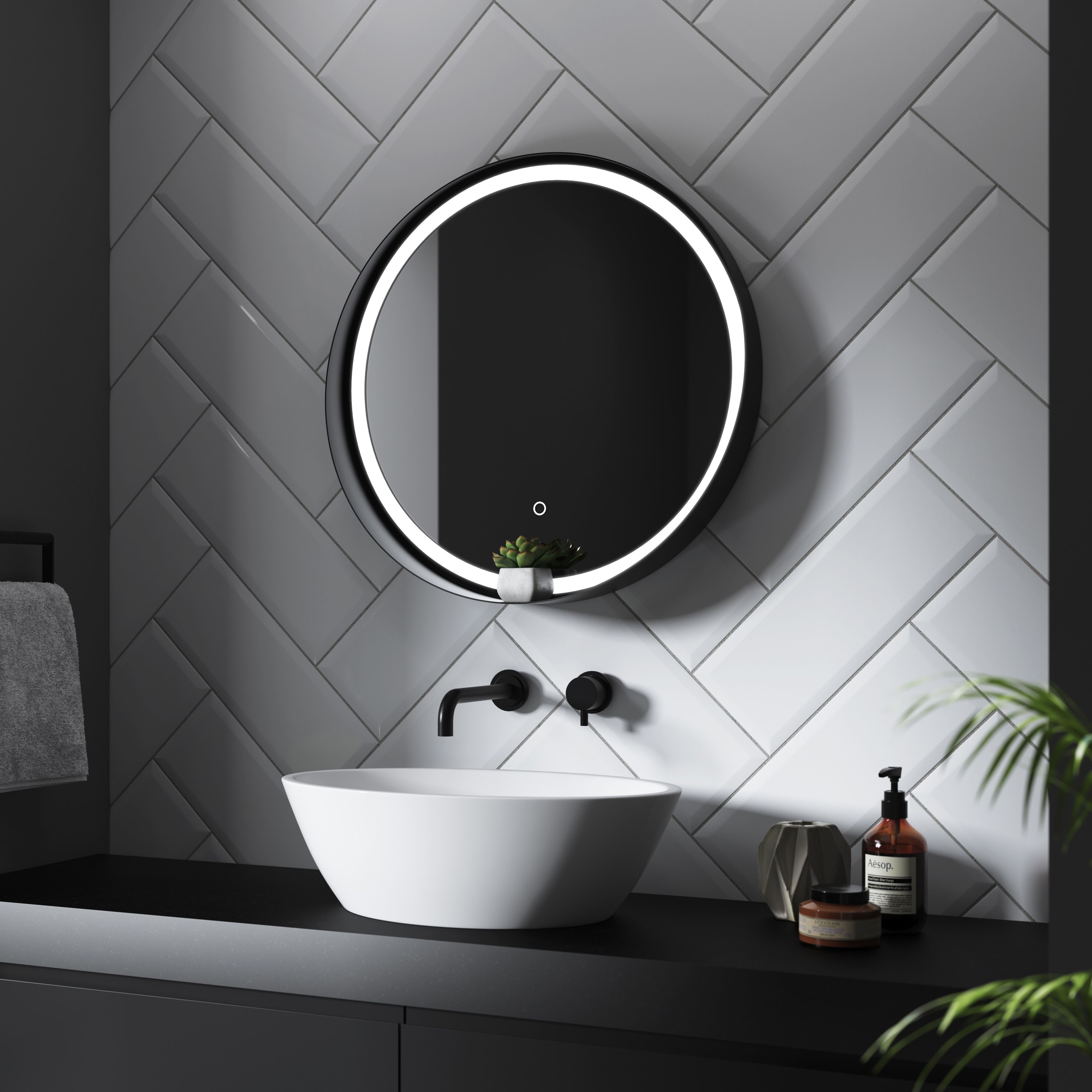 Sensio Dawn Matt Black Round Wall-mounted Bathroom Illuminated Colour-changing mirror (H)60cm (W)60cm