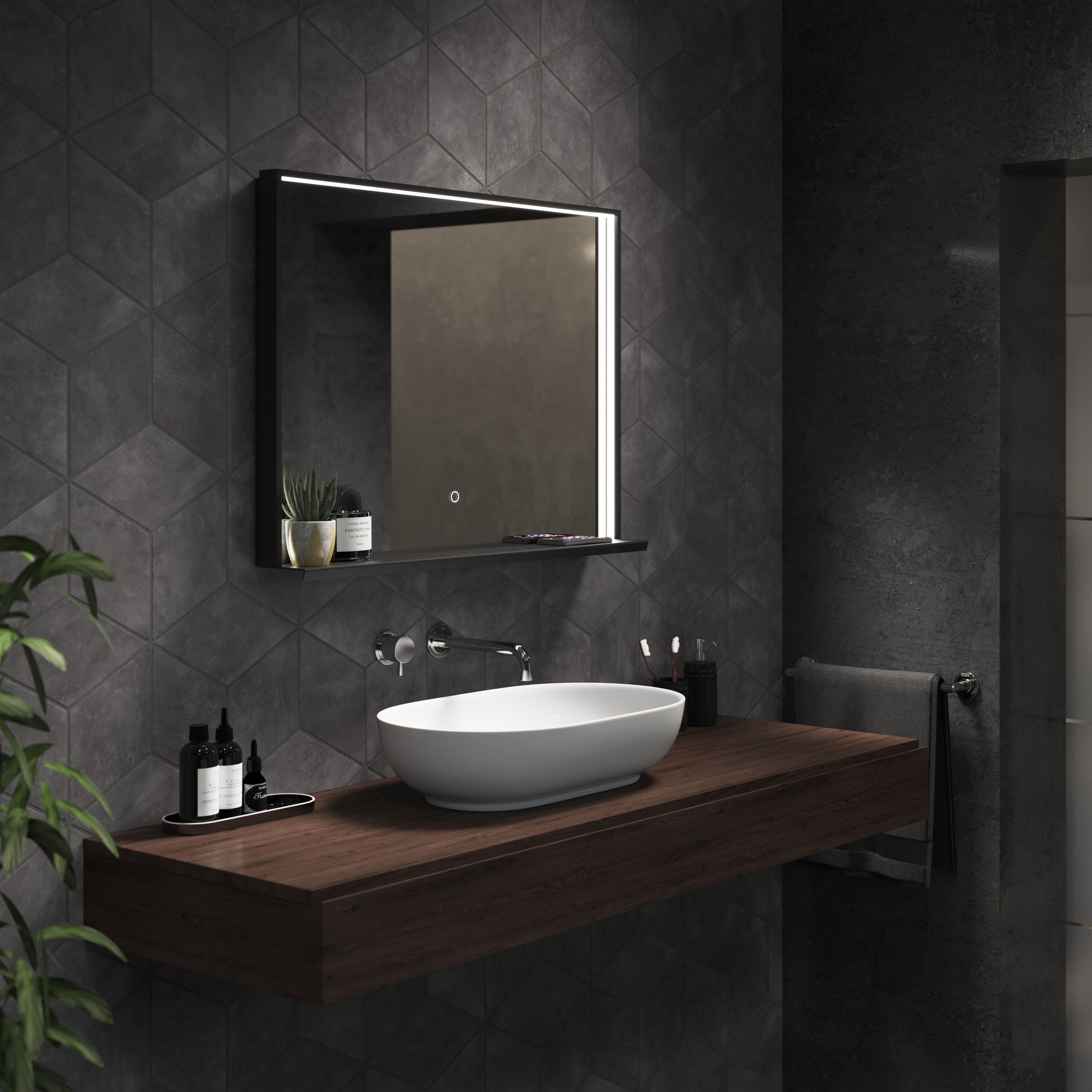 Sensio Element Matt Black Rectangular Wall-mounted Bathroom Illuminated Colour-changing mirror (H)60cm (W)80cm