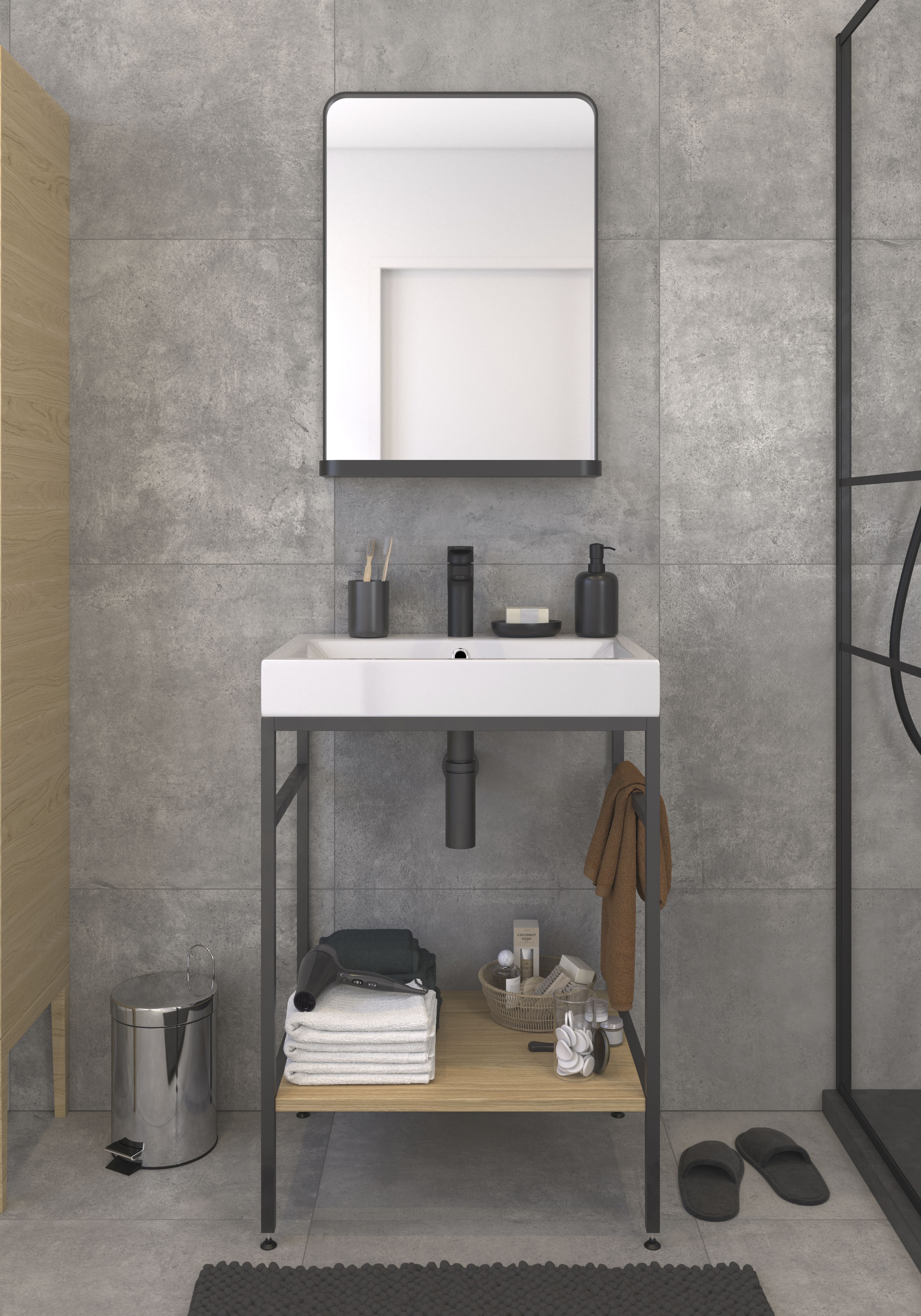 Sensio Elm Matt Black Rectangular Wall-mounted Bathroom & WC Mirror (H)70cm (W)50cm
