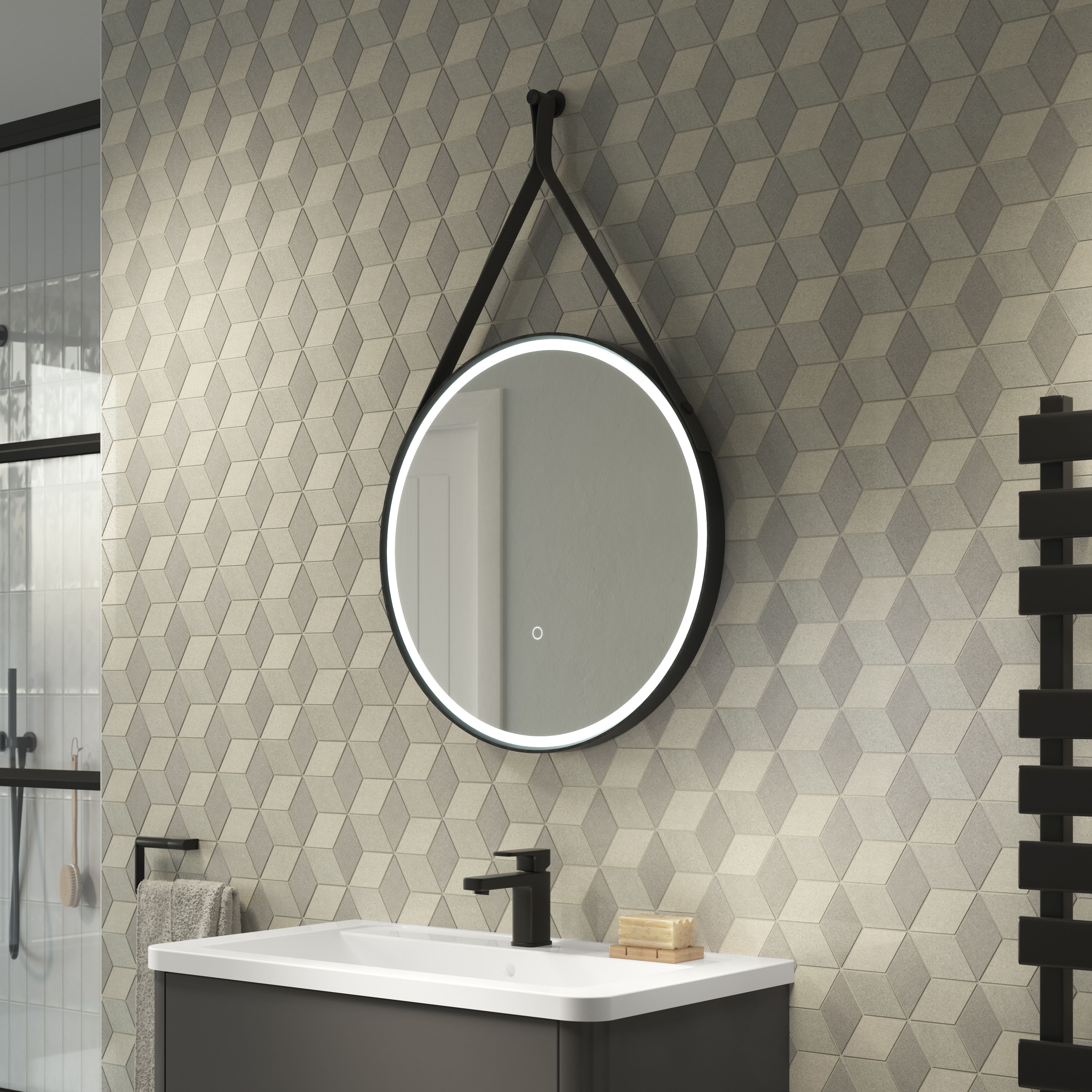 Sensio Nova Matt Black Round Wall-mounted Bathroom Illuminated Colour-changing mirror (H)60cm (W)60cm
