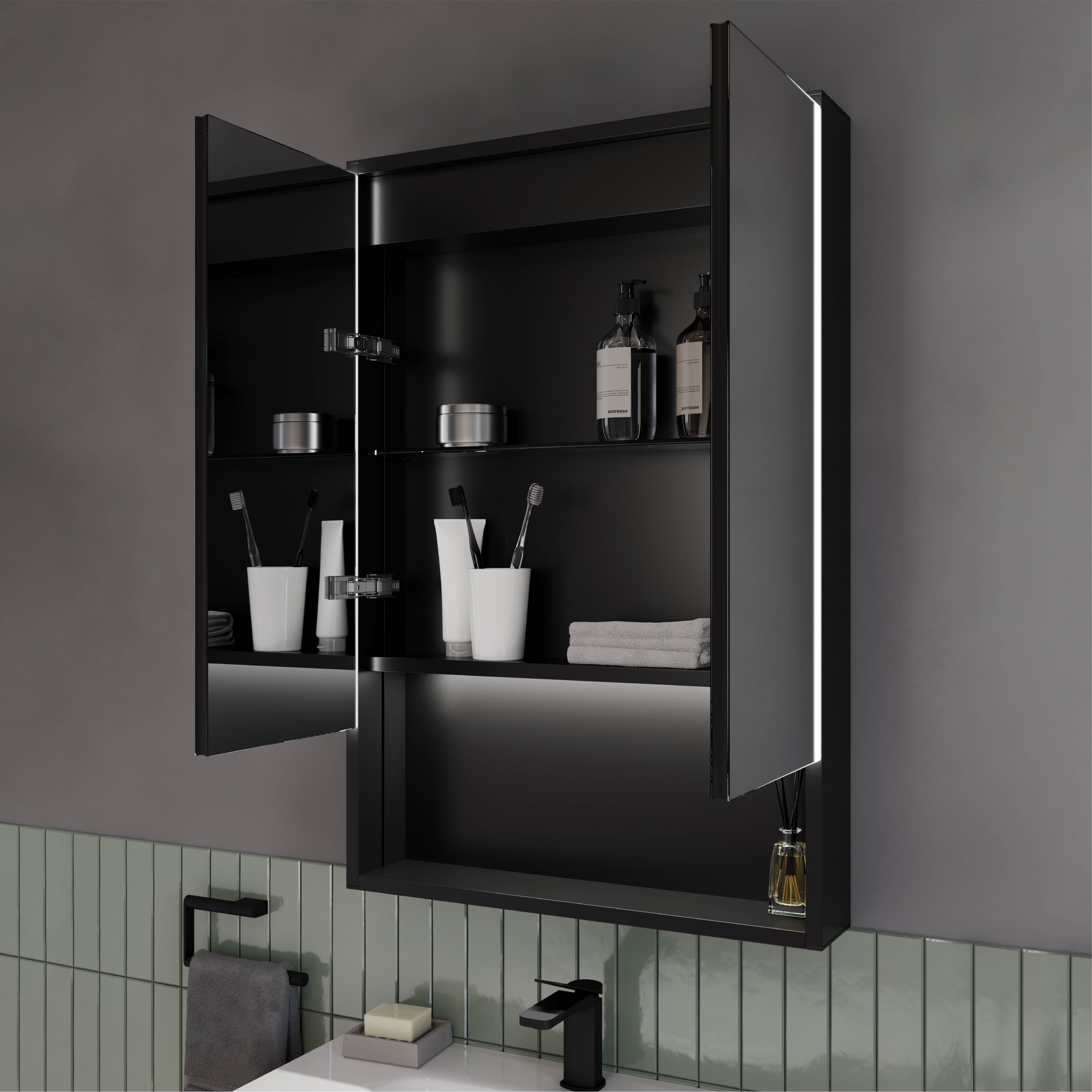Sensio Sydney Matt Black Wall-mounted Illuminated Mirrored Bathroom Cabinet (W)600mm (H)900mm